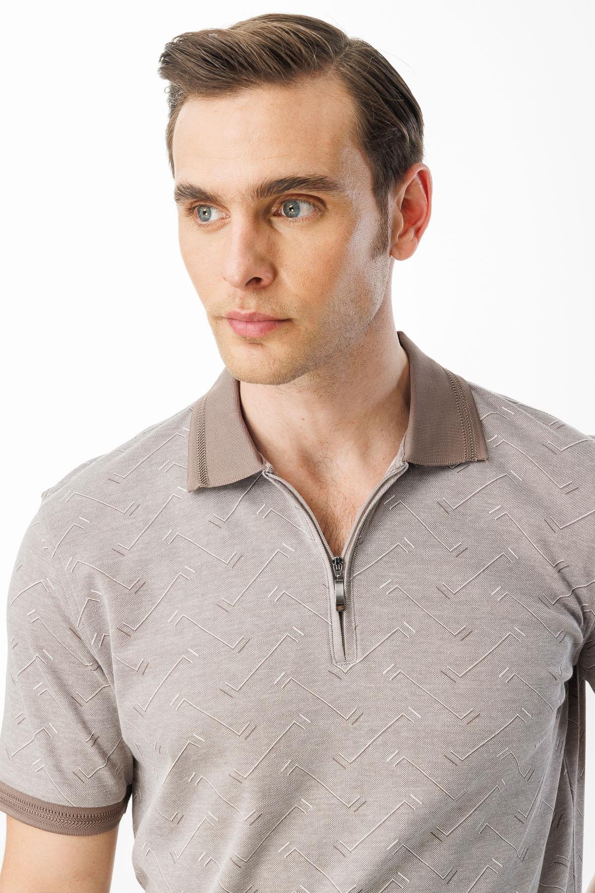 605Erkek Fermuarlı Jakarlı T-shirt Bej