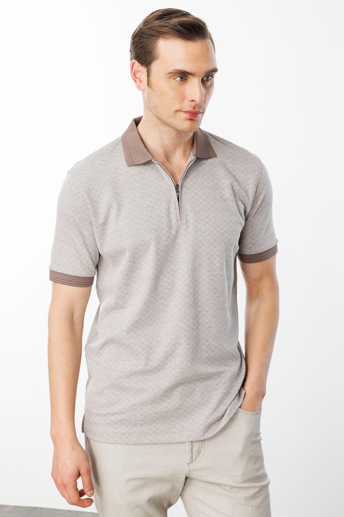 615Erkek Fermuarlı Jakarlı T-shirt Bej