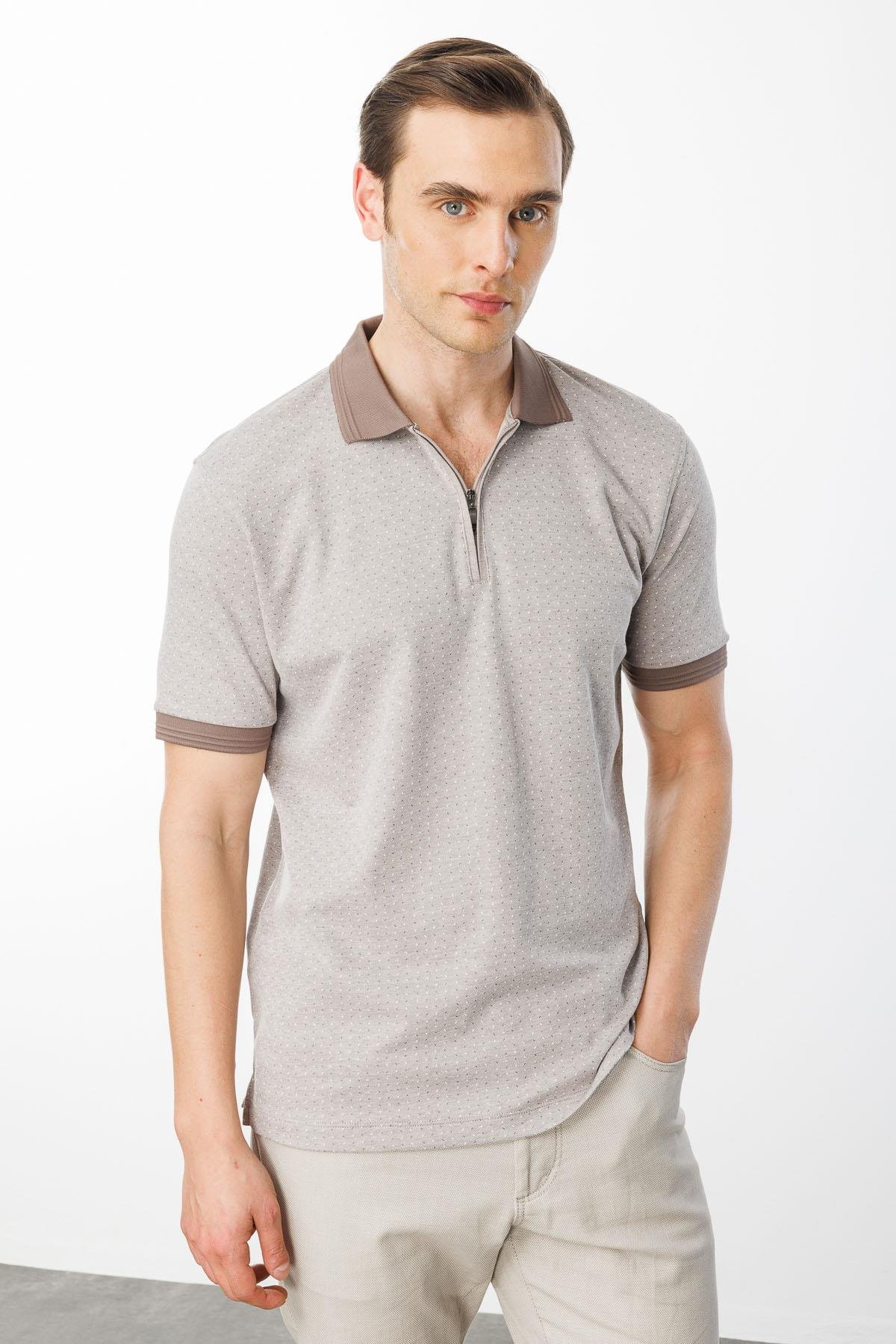 615Erkek Fermuarlı Jakarlı T-shirt Bej