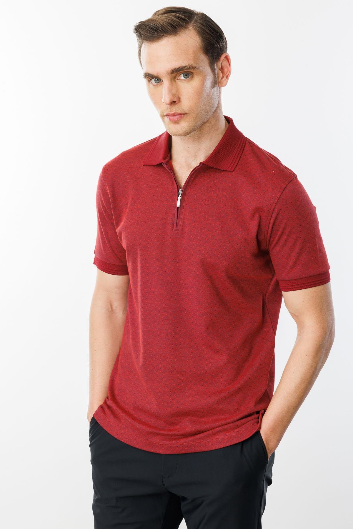 615Erkek Fermuarlı Jakarlı T-shirt Bordo