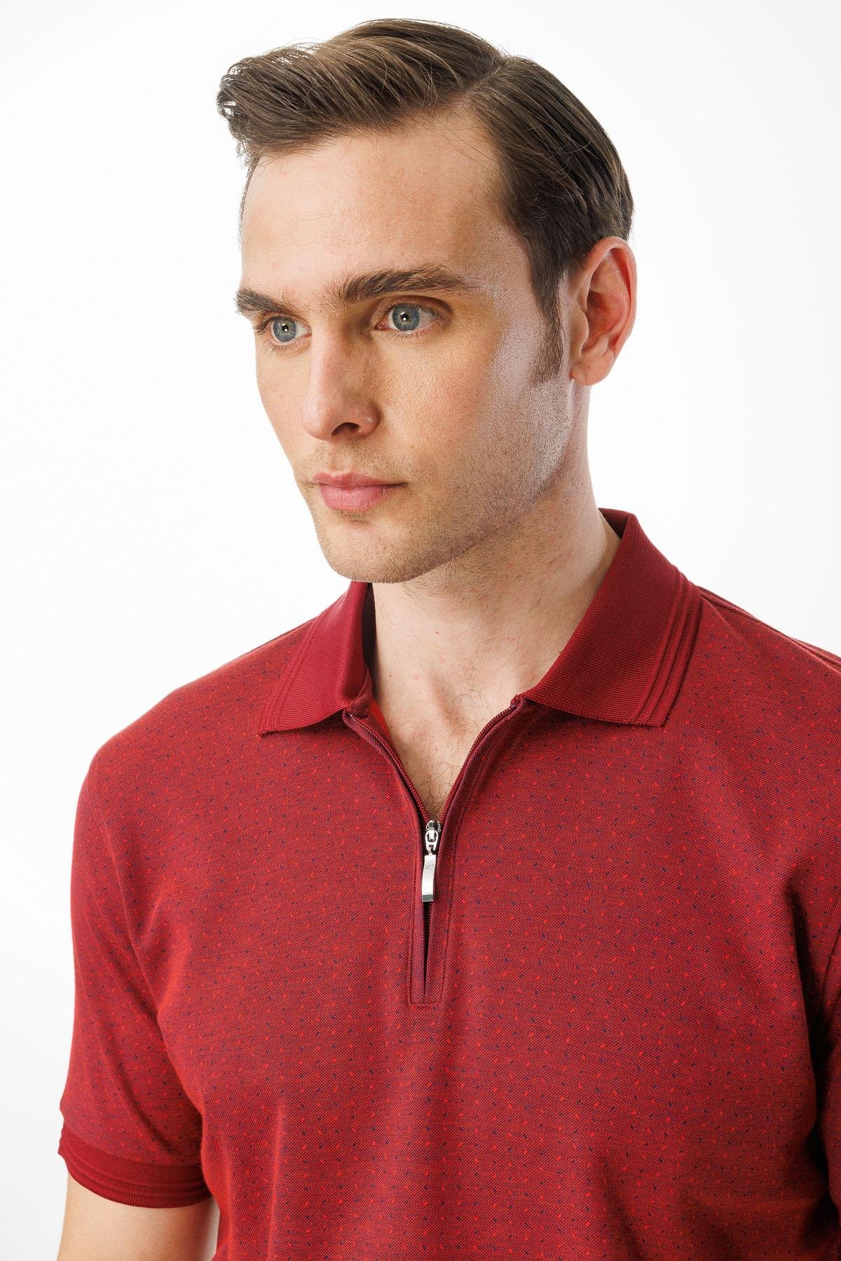 615Erkek Fermuarlı Jakarlı T-shirt Bordo