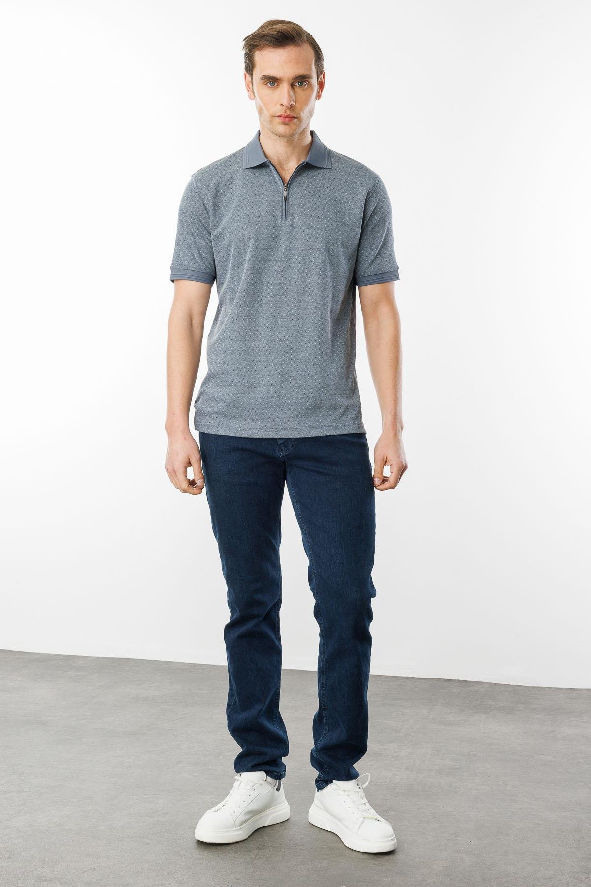 615Erkek Fermuarlı Jakarlı T-shirt Füme