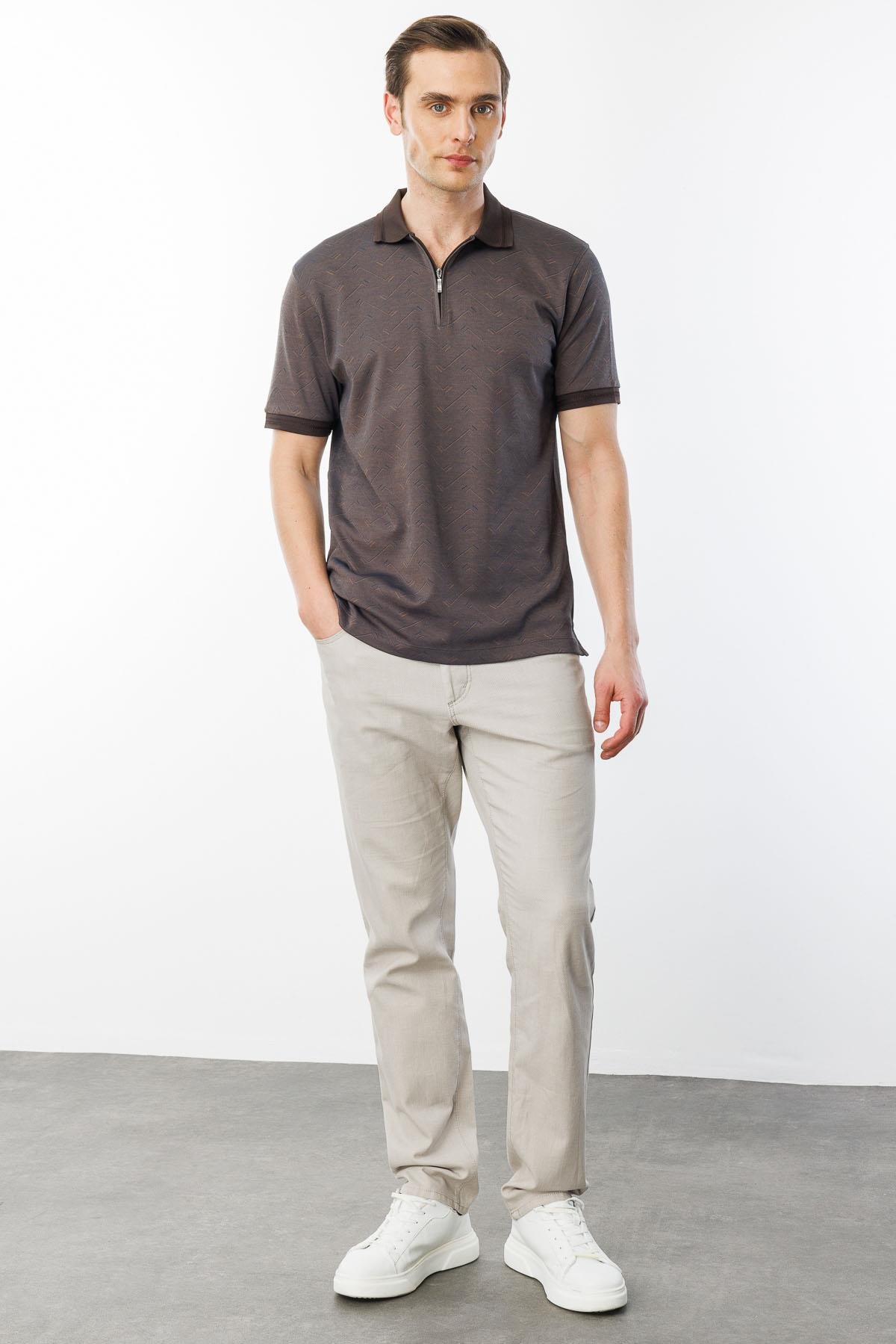 605Erkek Fermuarlı Jakarlı T-shirt Kahve
