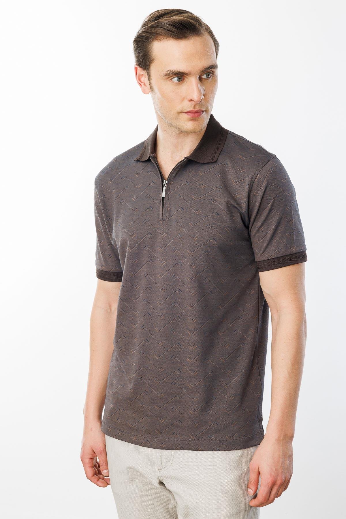 605Erkek Fermuarlı Jakarlı T-shirt Kahve