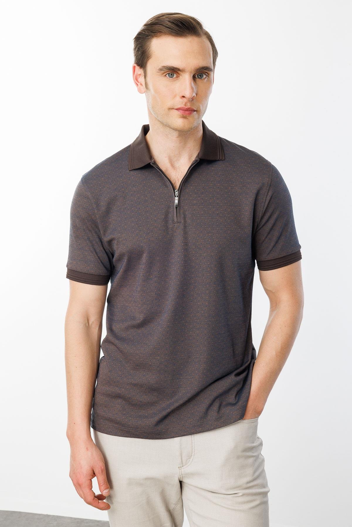 615Erkek Fermuarlı Jakarlı T-shirt Kahve