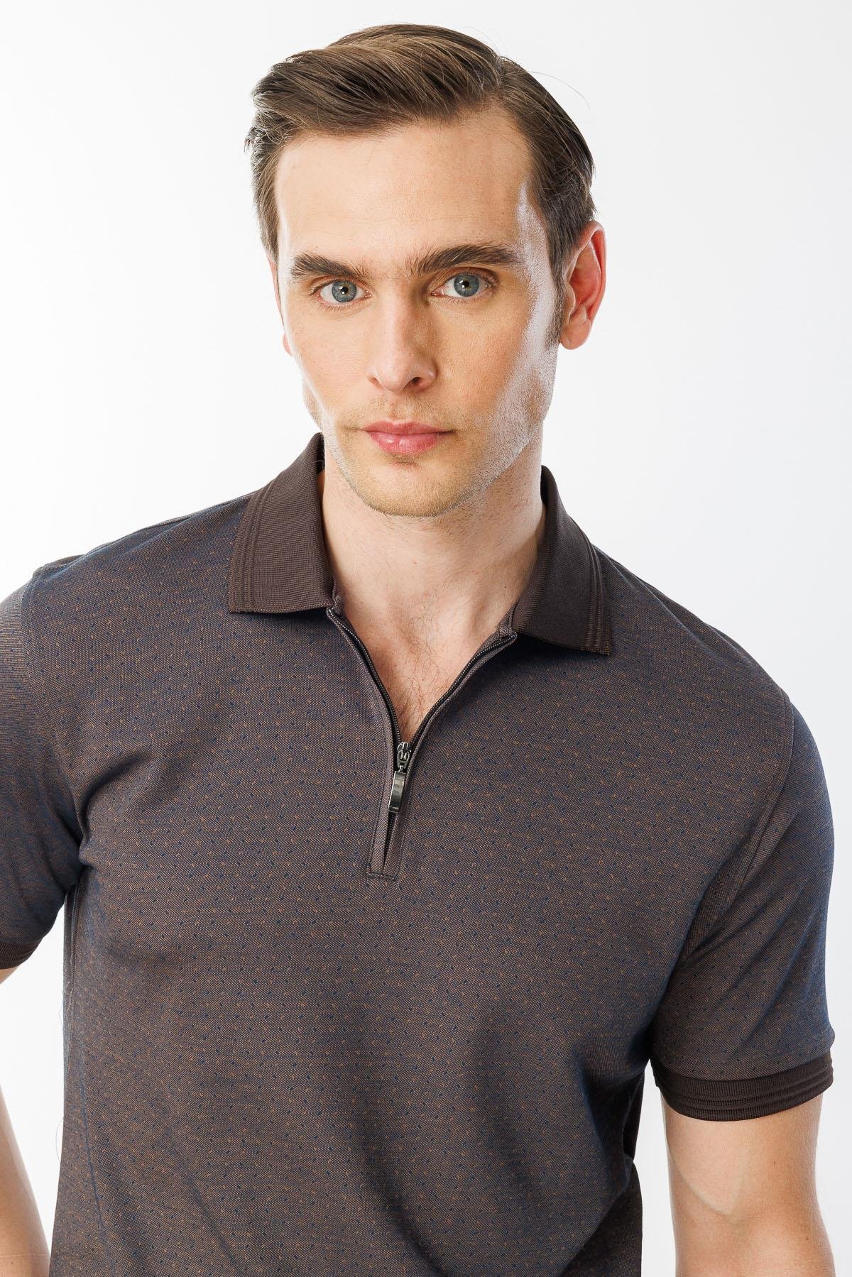 615Erkek Fermuarlı Jakarlı T-shirt Kahve