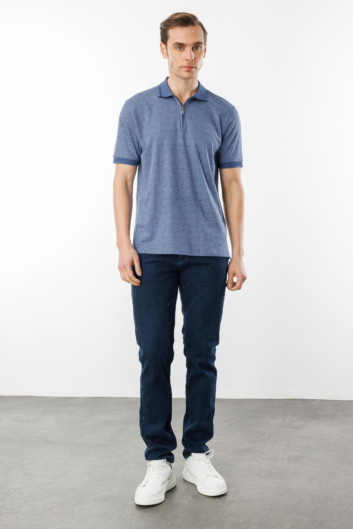 605Erkek Fermuarlı Jakarlı T-shirt Lacivert