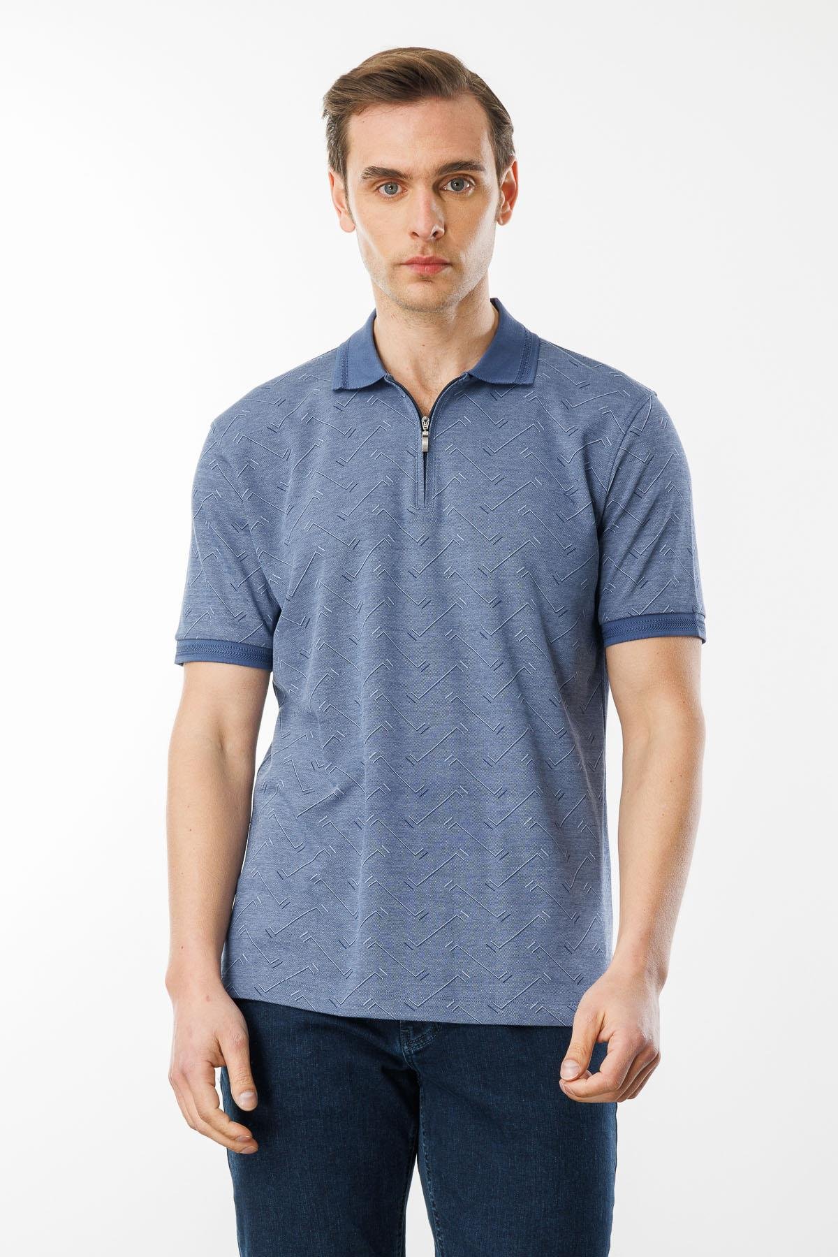 605Erkek Fermuarlı Jakarlı T-shirt Lacivert