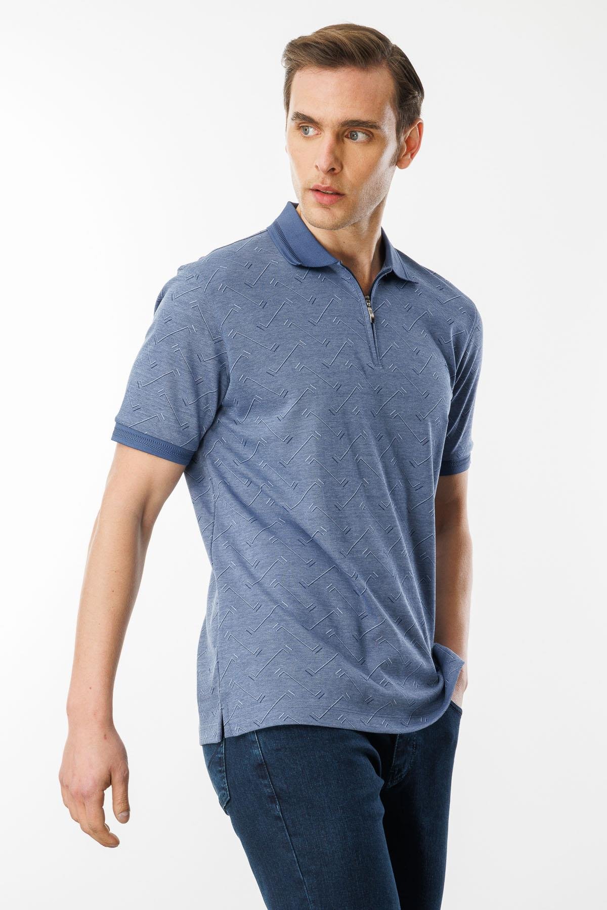 605Erkek Fermuarlı Jakarlı T-shirt Lacivert