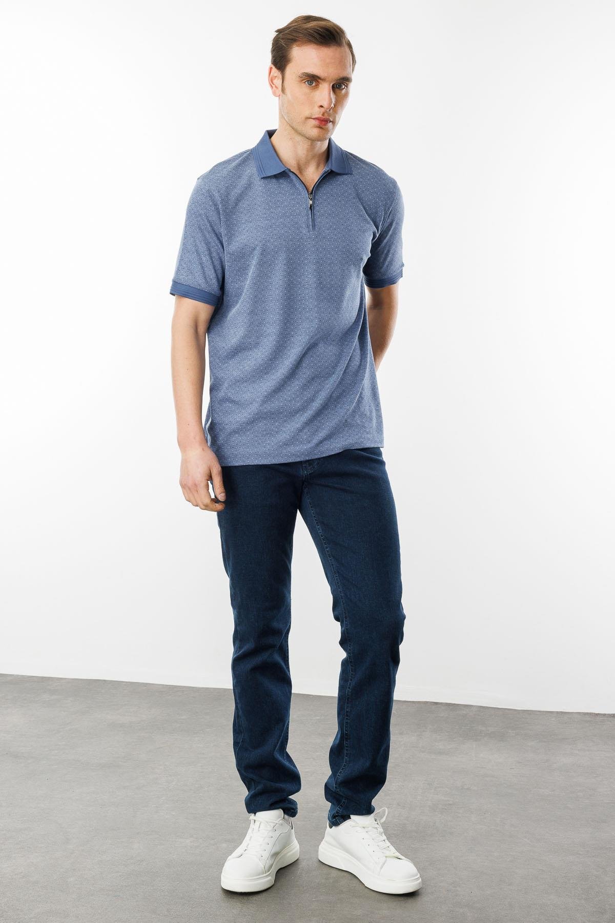 615Erkek Fermuarlı Jakarlı T-shirt Lacivert