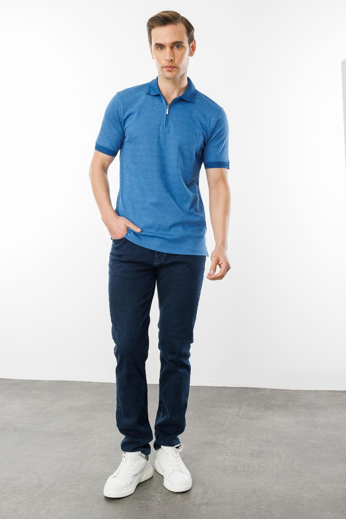 605Erkek Fermuarlı Jakarlı T-shirt Saks