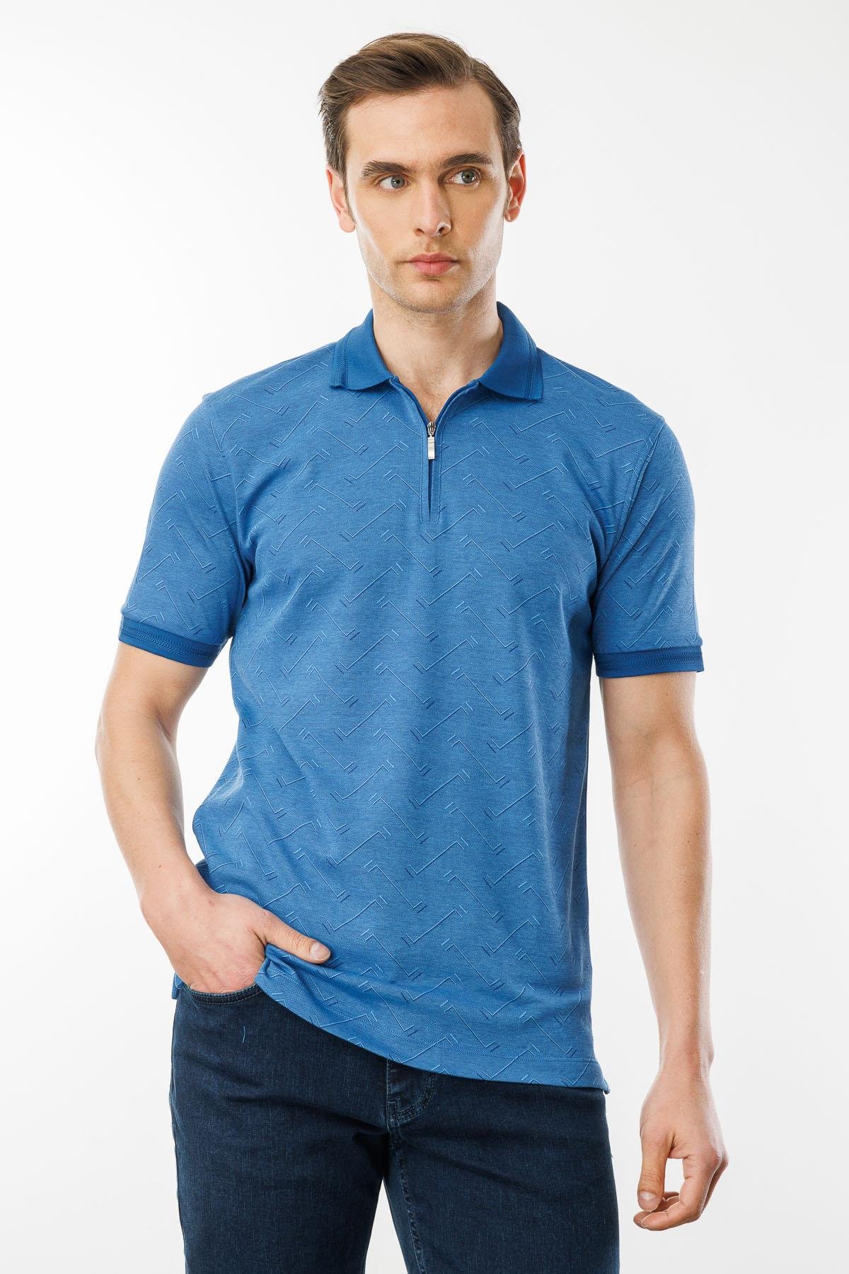 605Erkek Fermuarlı Jakarlı T-shirt Saks