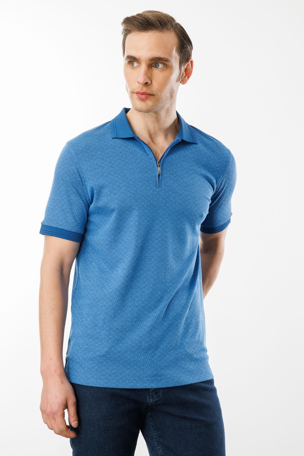 615Erkek Fermuarlı Jakarlı T-shirt Saks