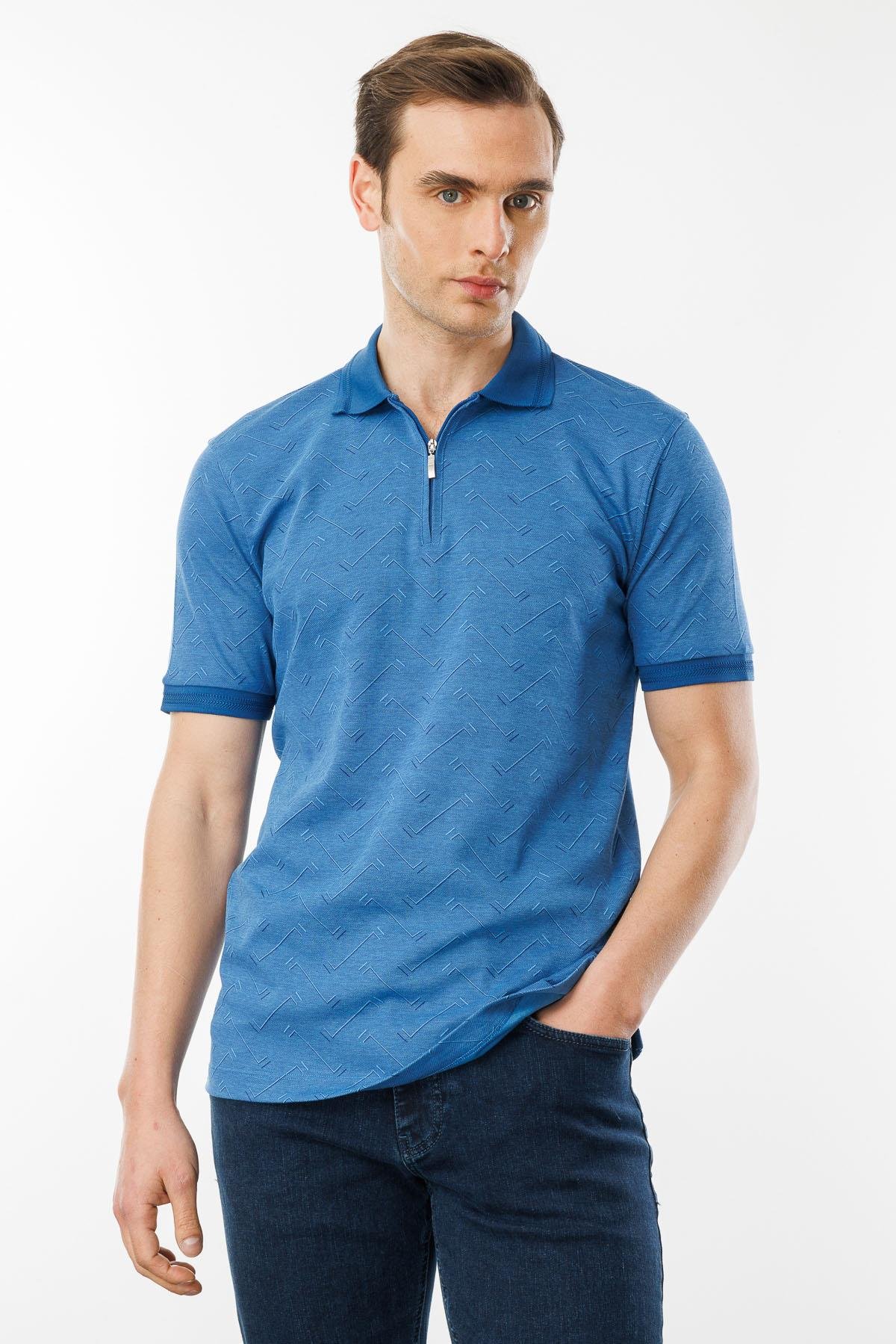 605Erkek Fermuarlı Jakarlı T-shirt Saks