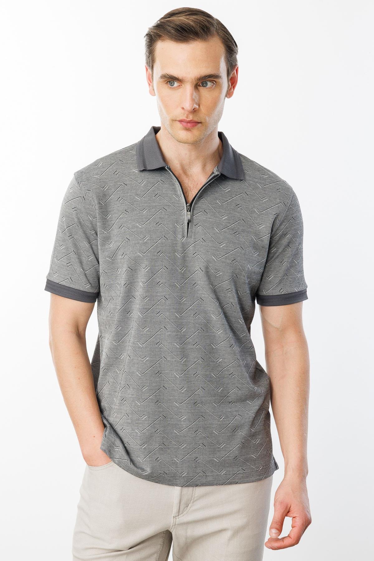 605Erkek Fermuarlı Jakarlı T-shirt Siyah