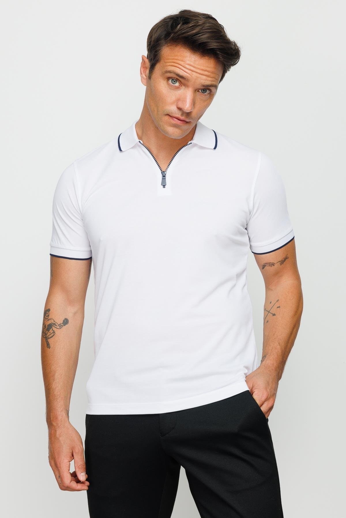 210Erkek Fermuarlı Polo Yaka T-shirt Beyaz