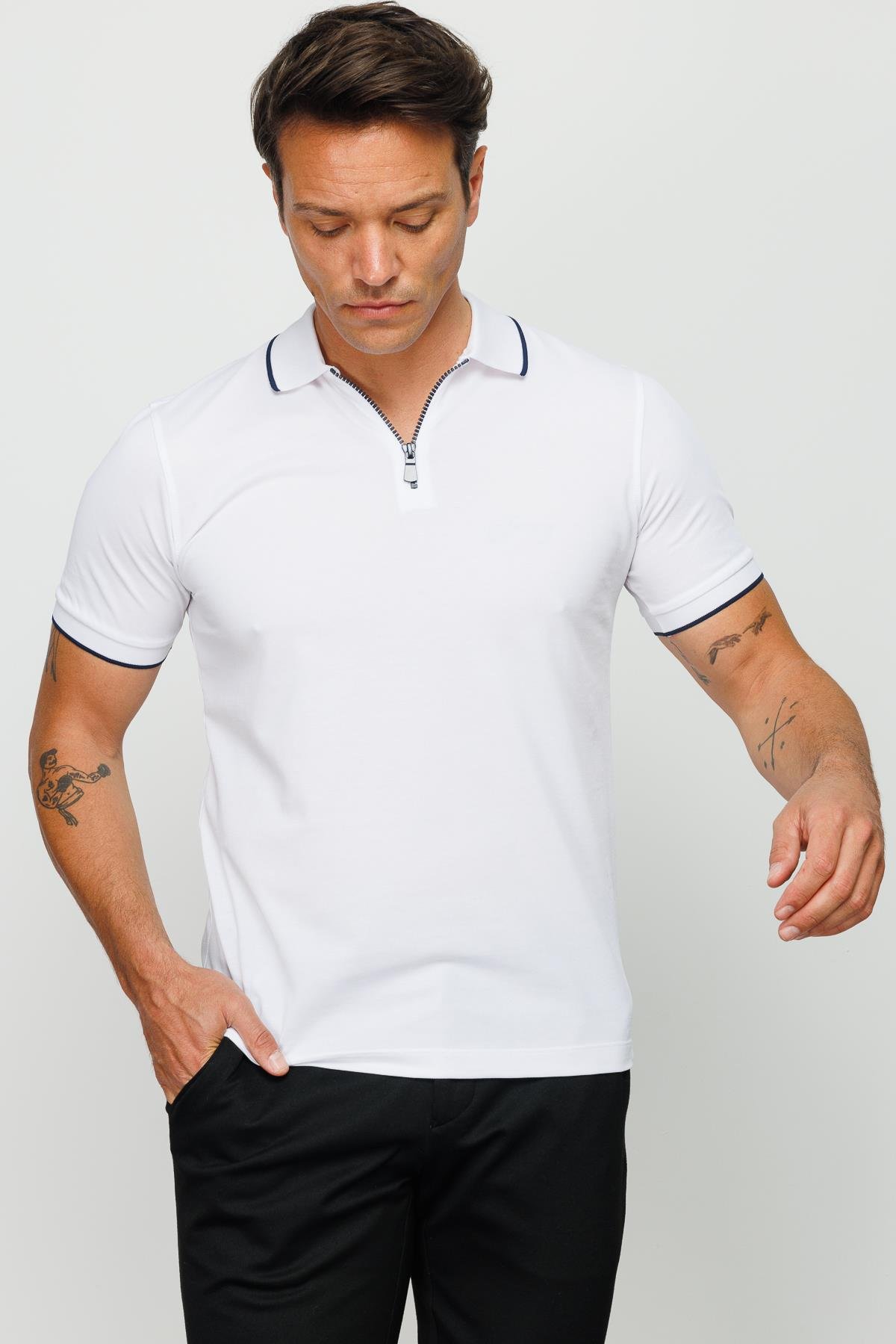 210Erkek Fermuarlı Polo Yaka T-shirt Beyaz