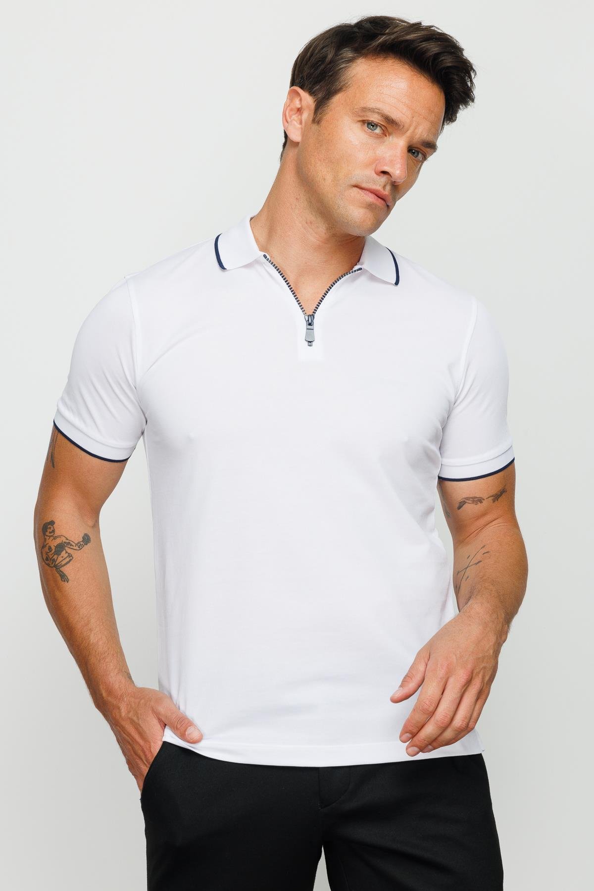 210Erkek Fermuarlı Polo Yaka T-shirt Beyaz