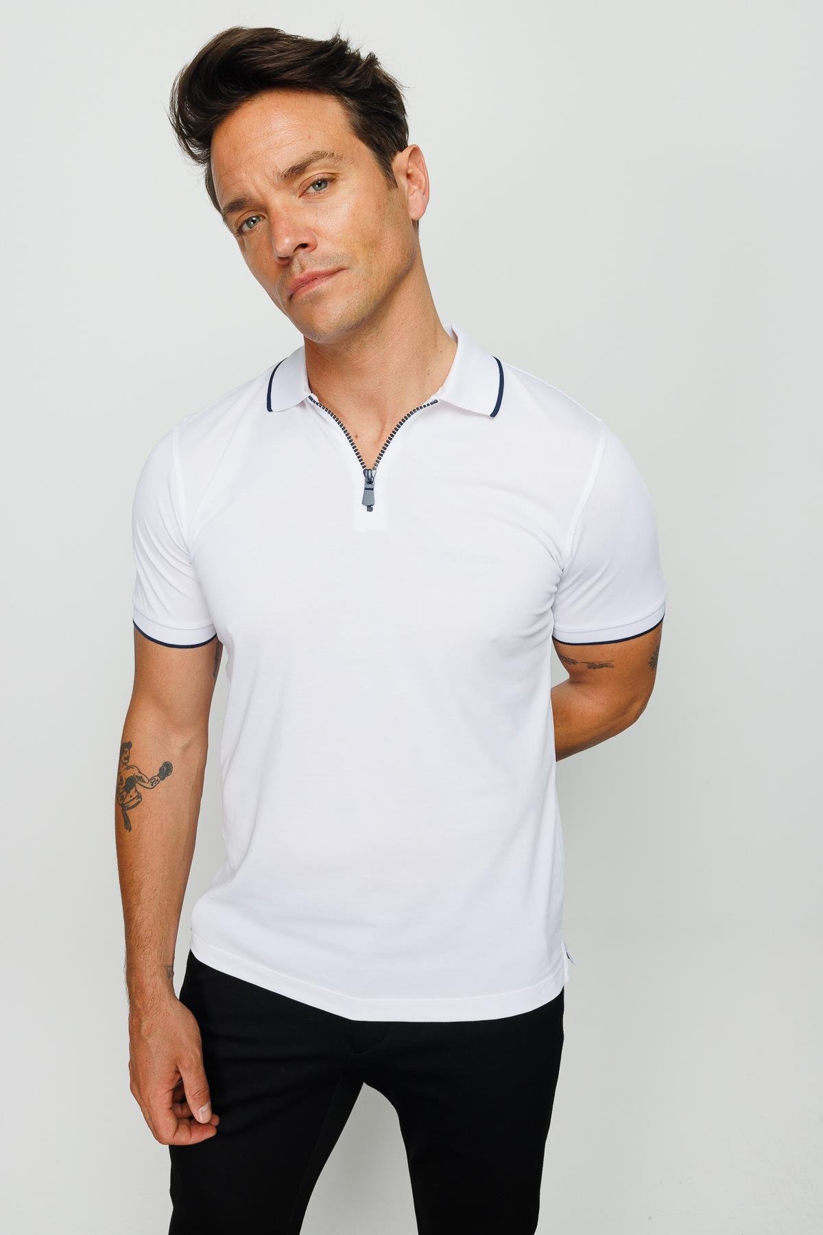 210Erkek Fermuarlı Polo Yaka T-shirt Beyaz