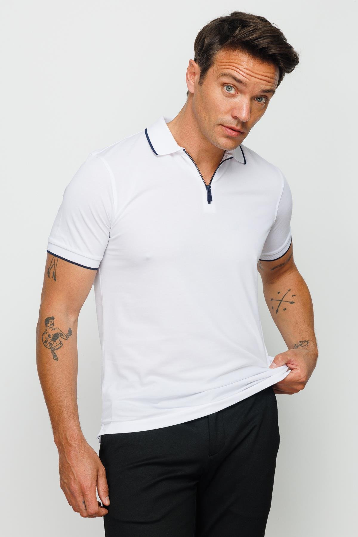 210Erkek Fermuarlı Polo Yaka T-shirt Beyaz