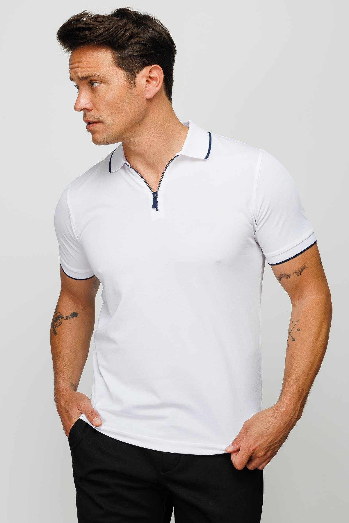 210Erkek Fermuarlı Polo Yaka T-shirt Beyaz