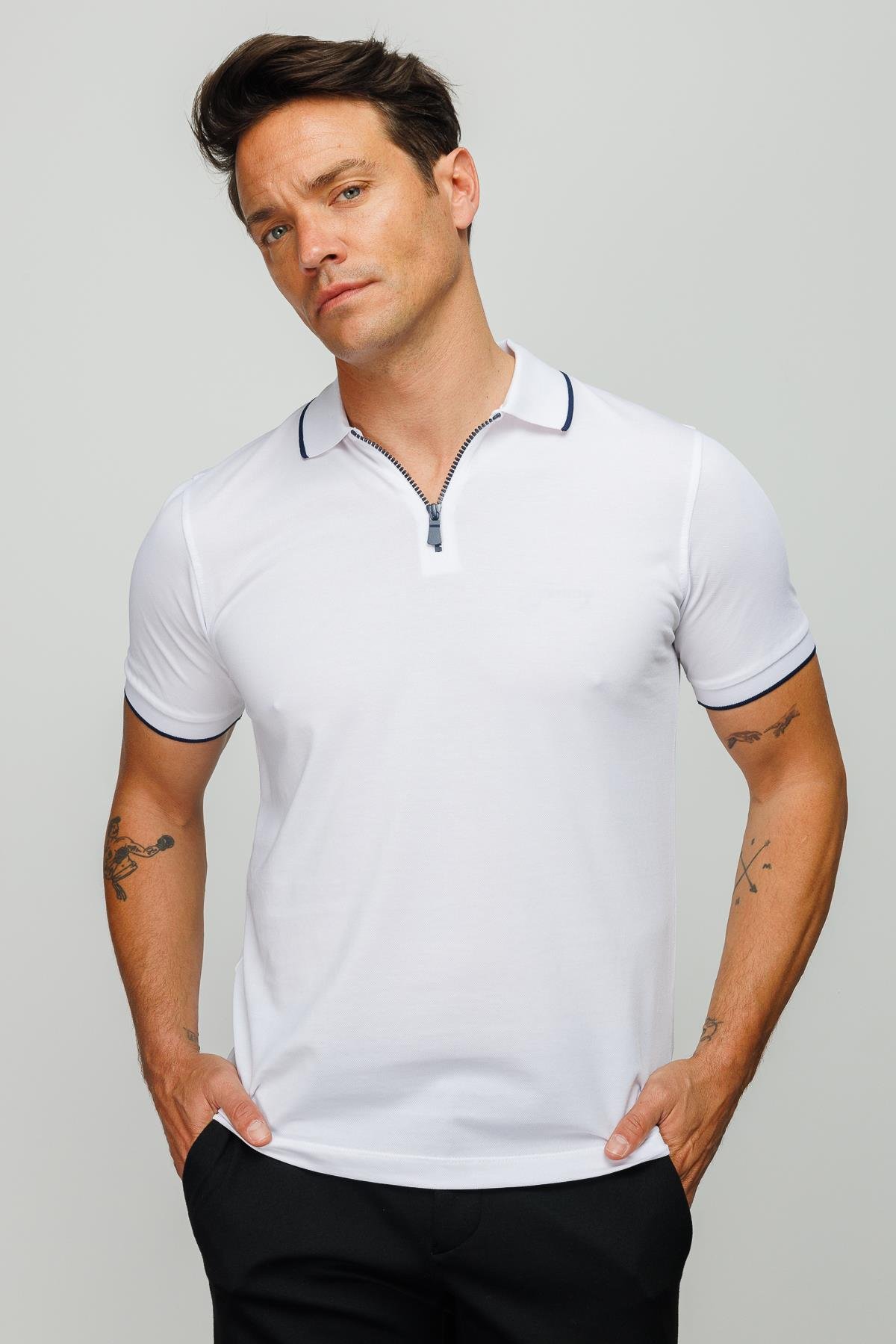 210Erkek Fermuarlı Polo Yaka T-shirt Beyaz