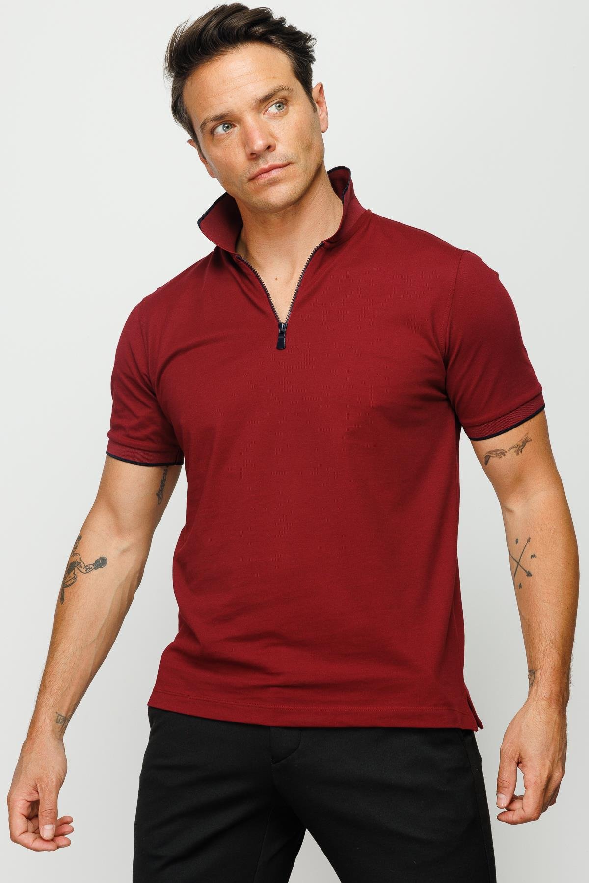 210Erkek Fermuarlı Polo Yaka T-shirt Bordo