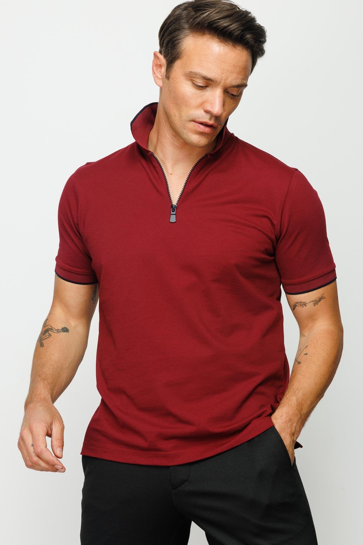 210Erkek Fermuarlı Polo Yaka T-shirt Bordo