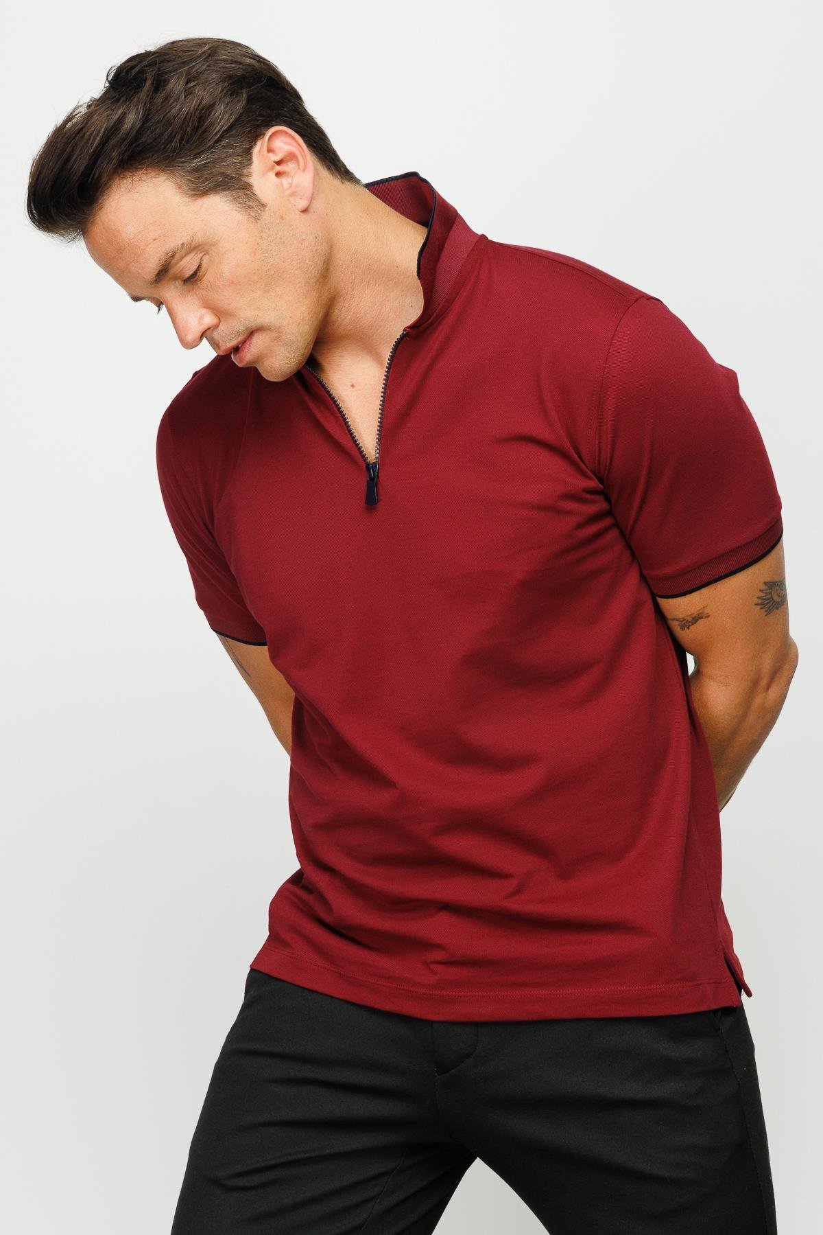 210Erkek Fermuarlı Polo Yaka T-shirt Bordo