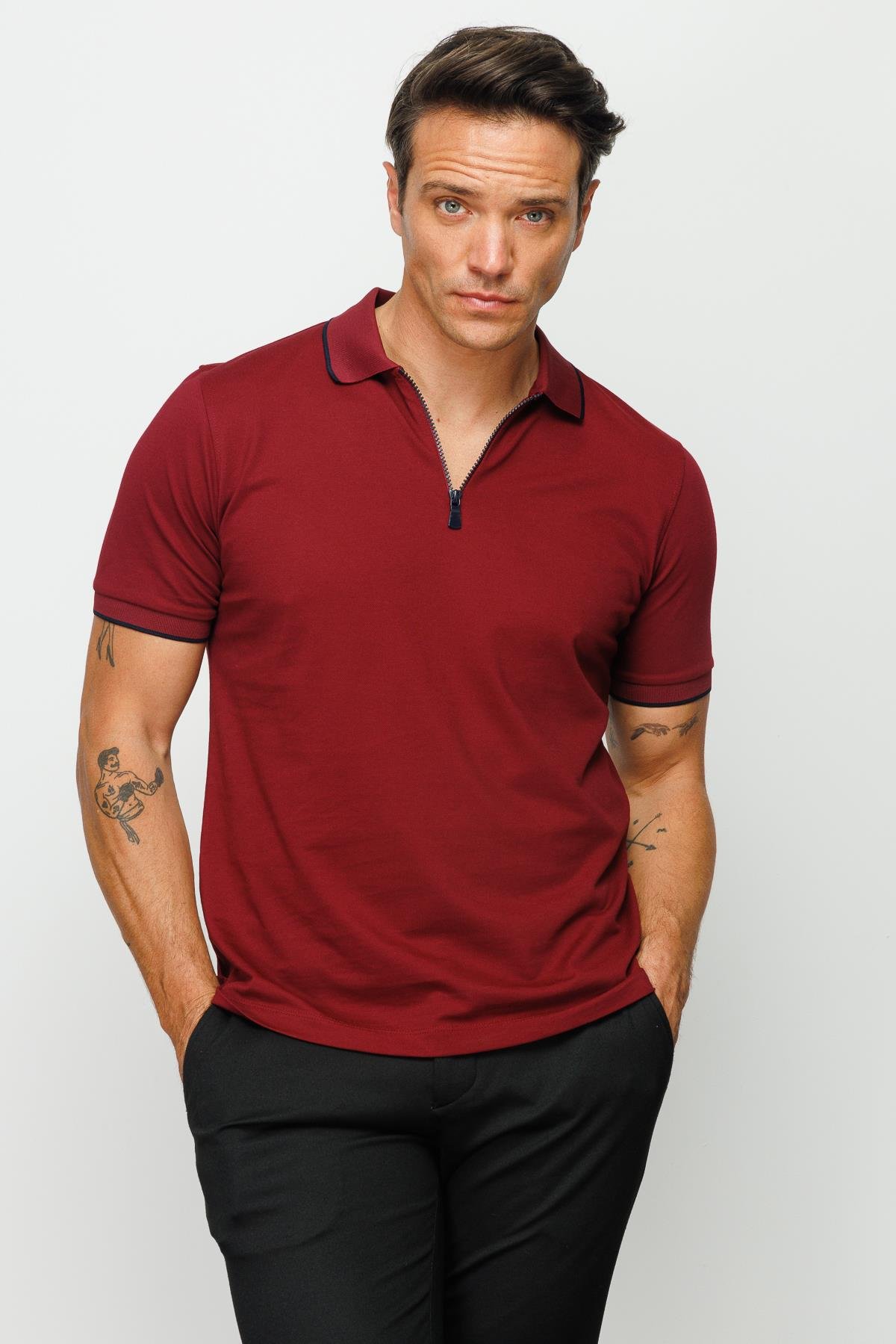 210Erkek Fermuarlı Polo Yaka T-shirt Bordo