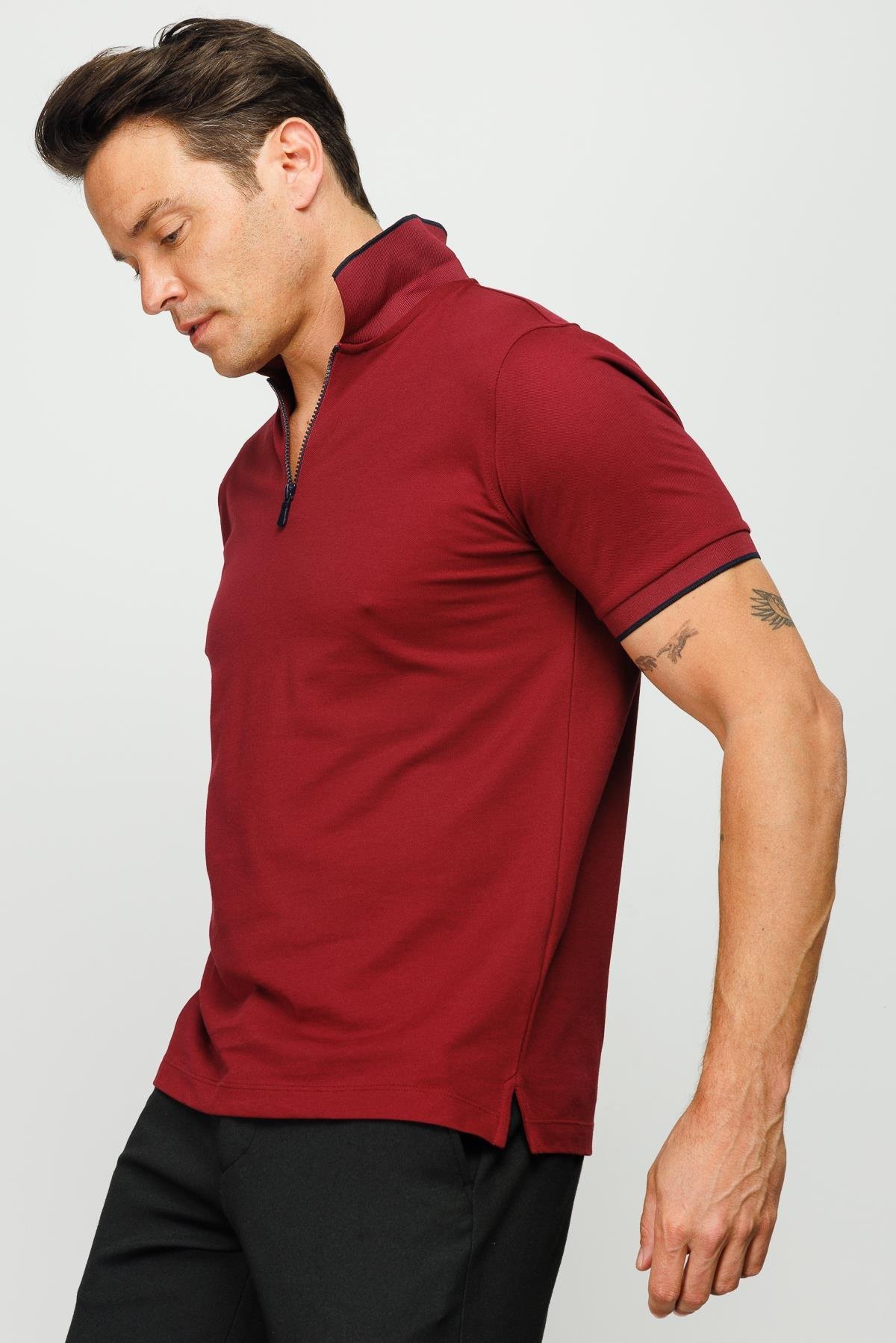 210Erkek Fermuarlı Polo Yaka T-shirt Bordo