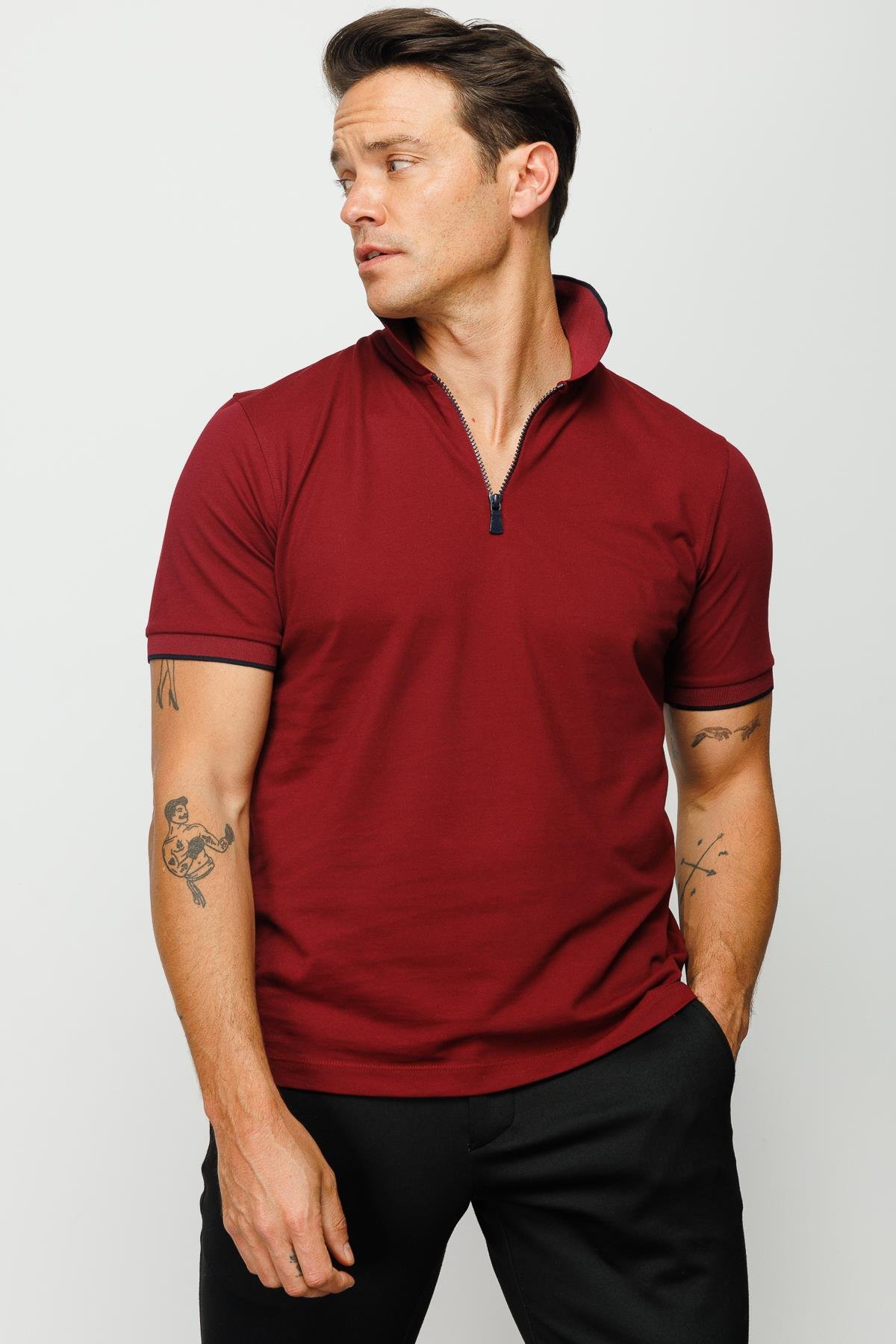 210Erkek Fermuarlı Polo Yaka T-shirt Bordo