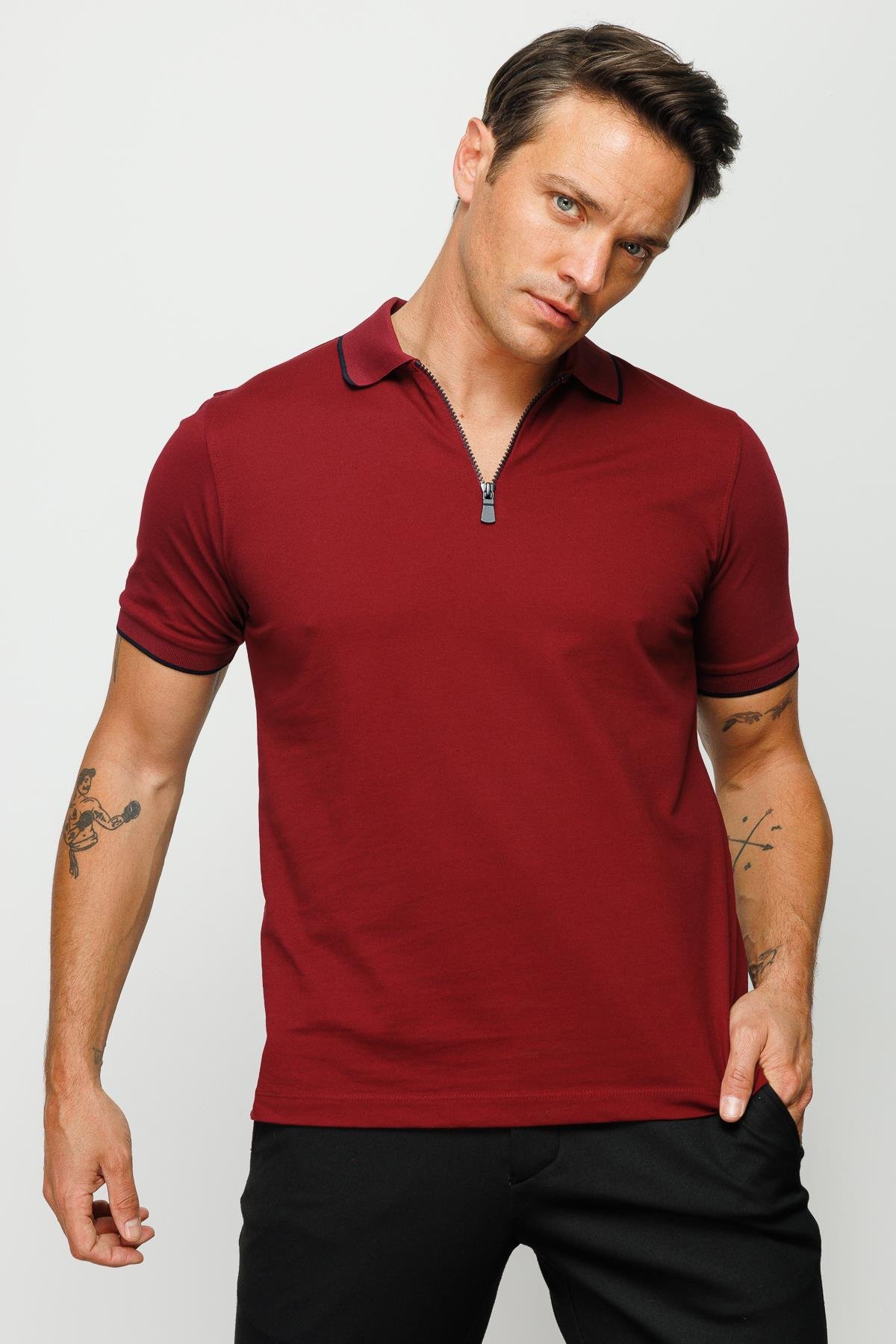210Erkek Fermuarlı Polo Yaka T-shirt Bordo