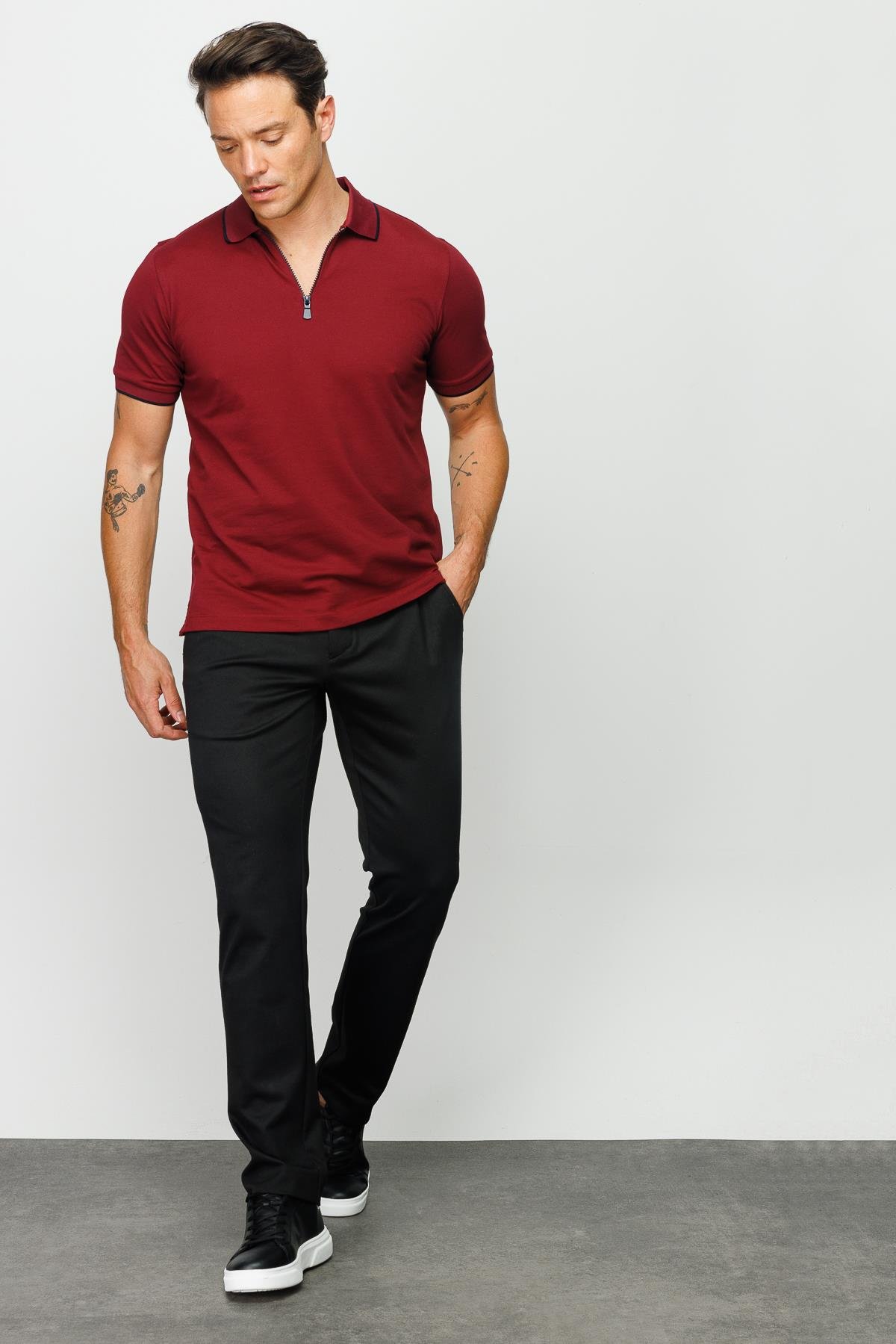 210Erkek Fermuarlı Polo Yaka T-shirt Bordo