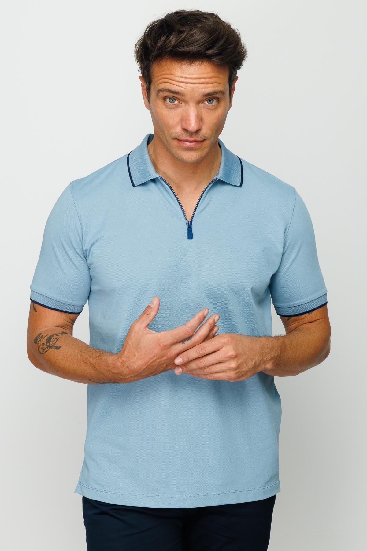210Erkek Fermuarlı Polo Yaka T-shirt H.Mavi