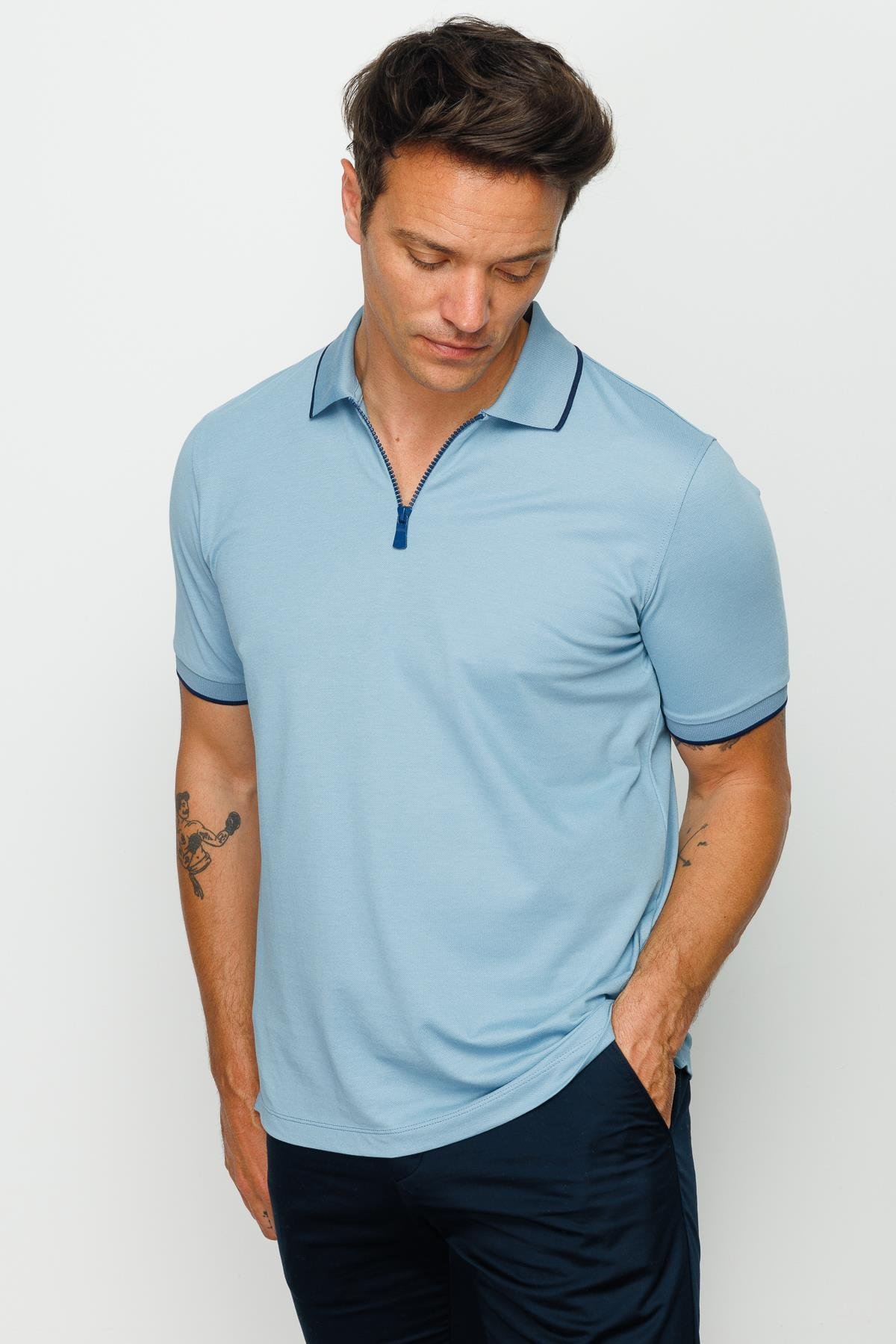 210Erkek Fermuarlı Polo Yaka T-shirt H.Mavi