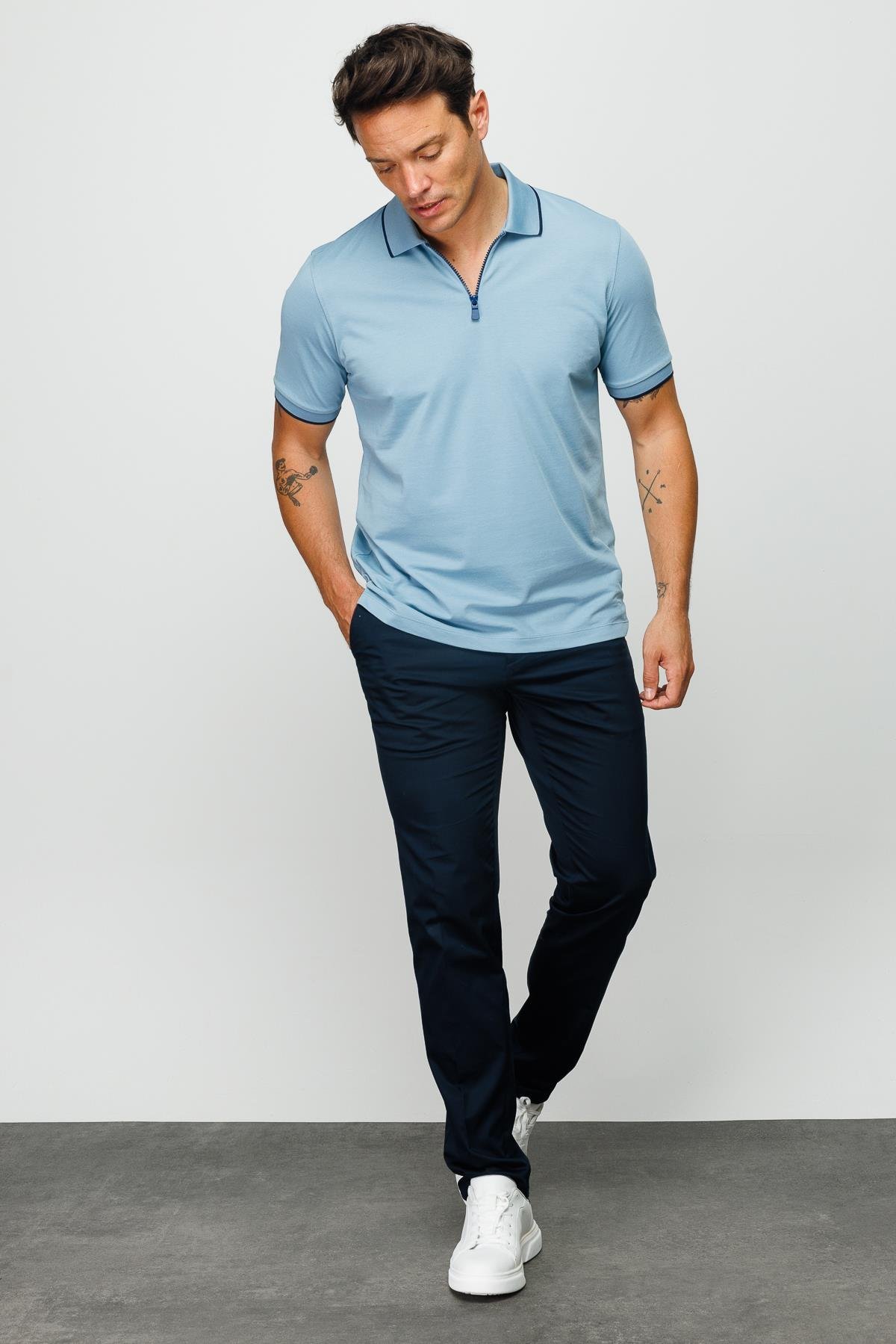 210Erkek Fermuarlı Polo Yaka T-shirt H.Mavi