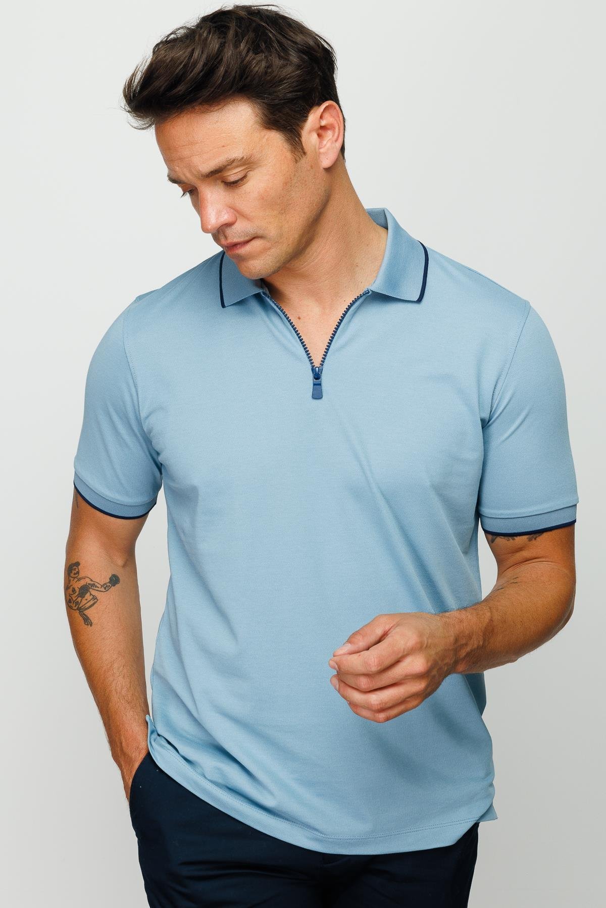 210Erkek Fermuarlı Polo Yaka T-shirt H.Mavi