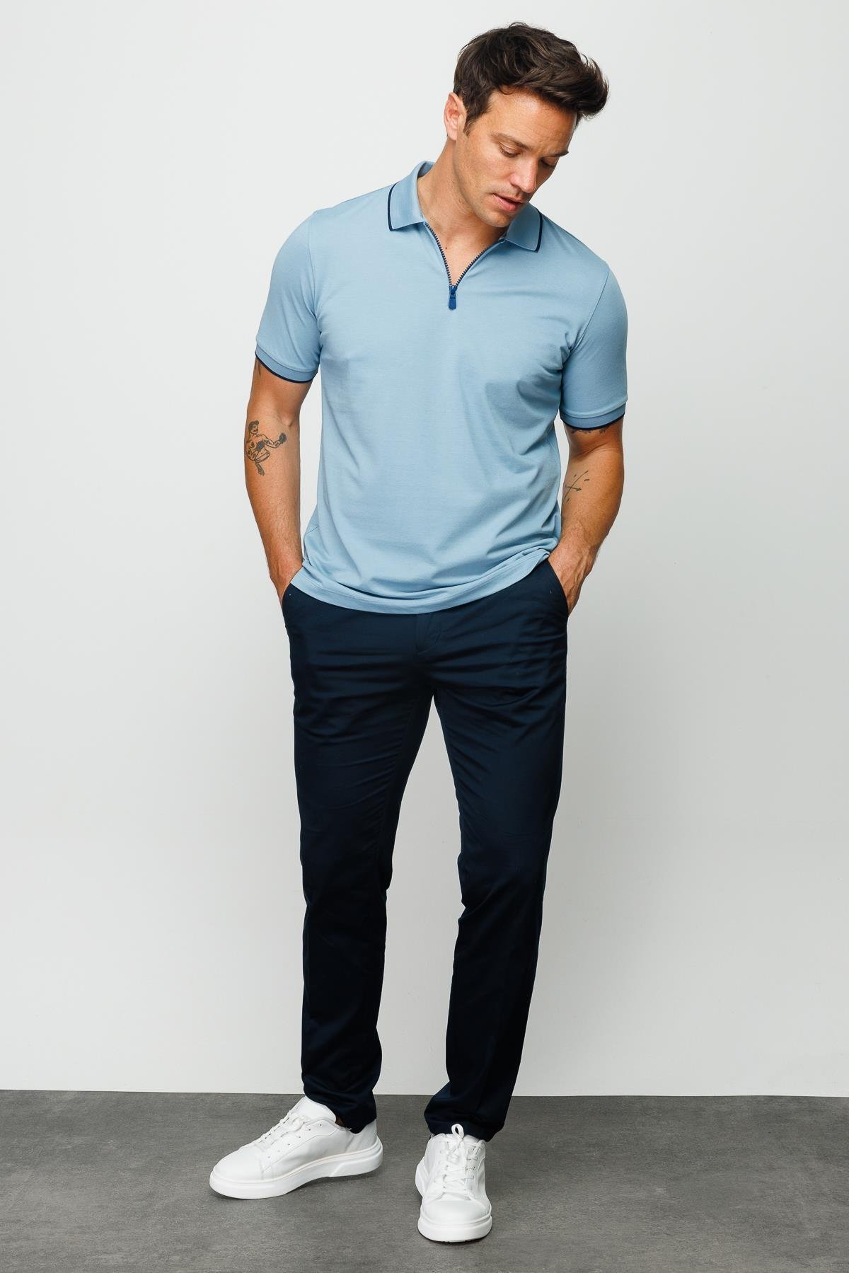 210Erkek Fermuarlı Polo Yaka T-shirt H.Mavi