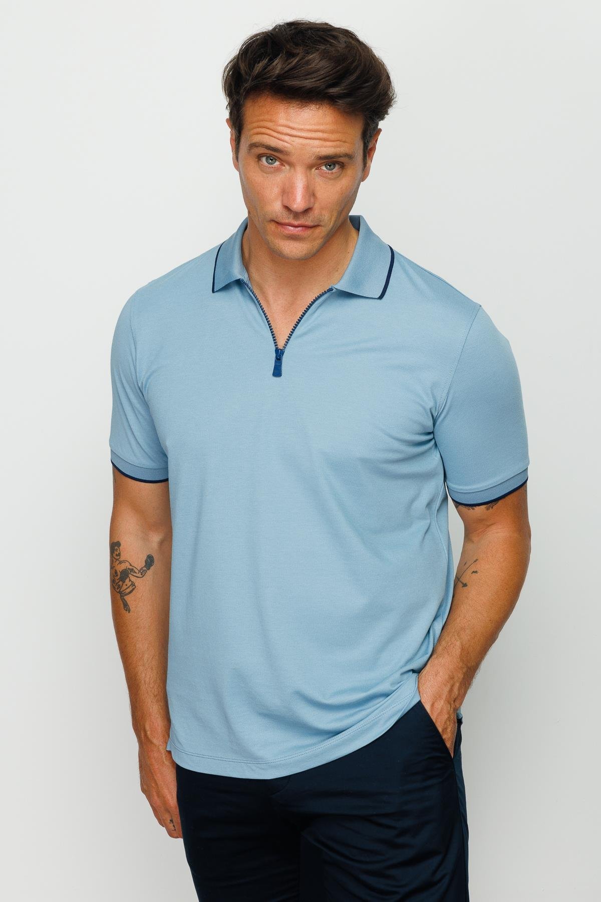 210Erkek Fermuarlı Polo Yaka T-shirt H.Mavi