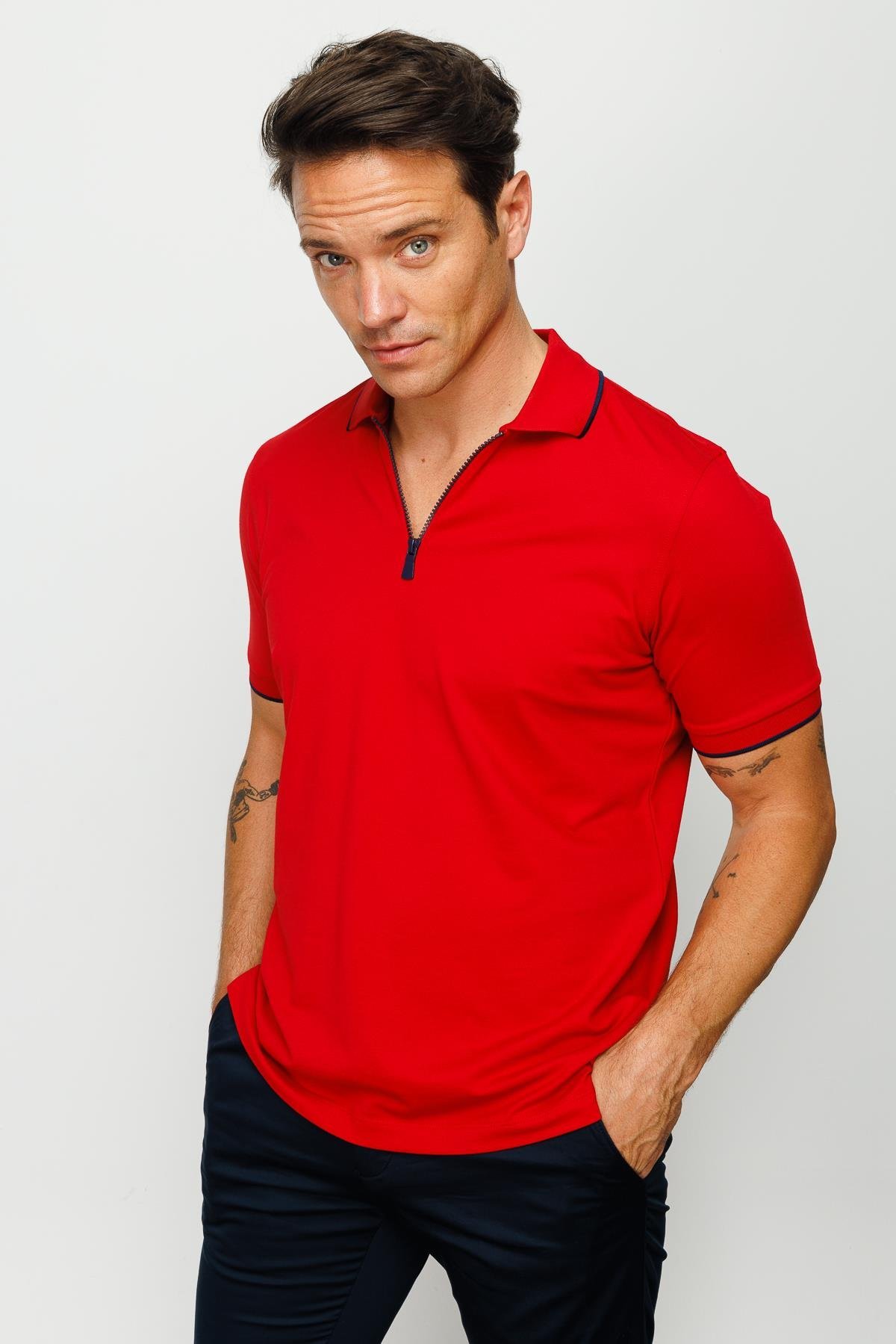 210Erkek Fermuarlı Polo Yaka T-shirt Kırmızı