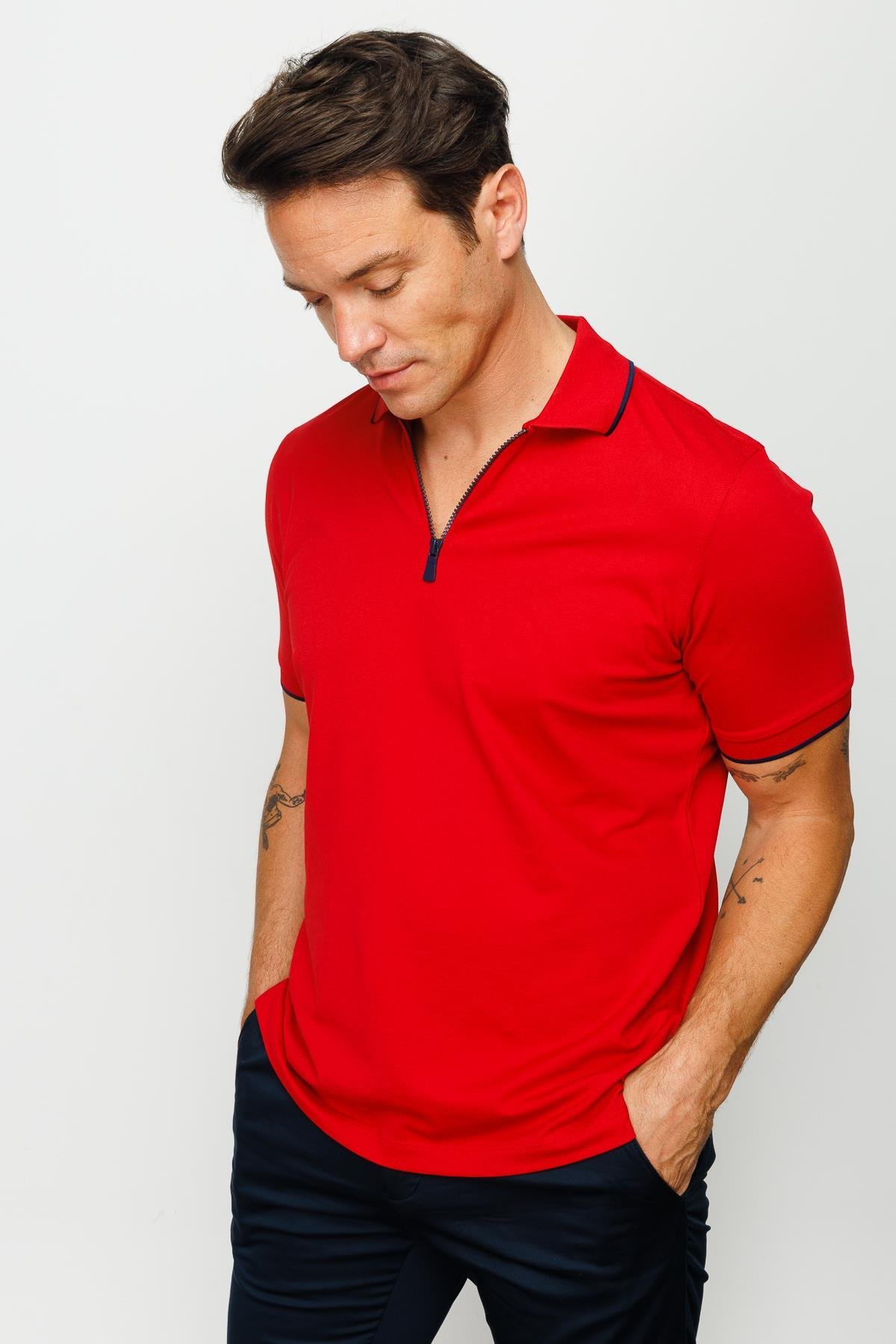 210Erkek Fermuarlı Polo Yaka T-shirt Kırmızı