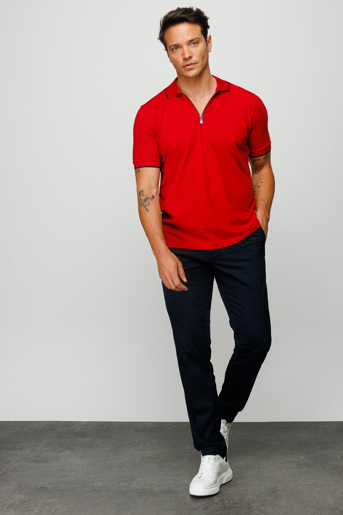 210Erkek Fermuarlı Polo Yaka T-shirt Kırmızı