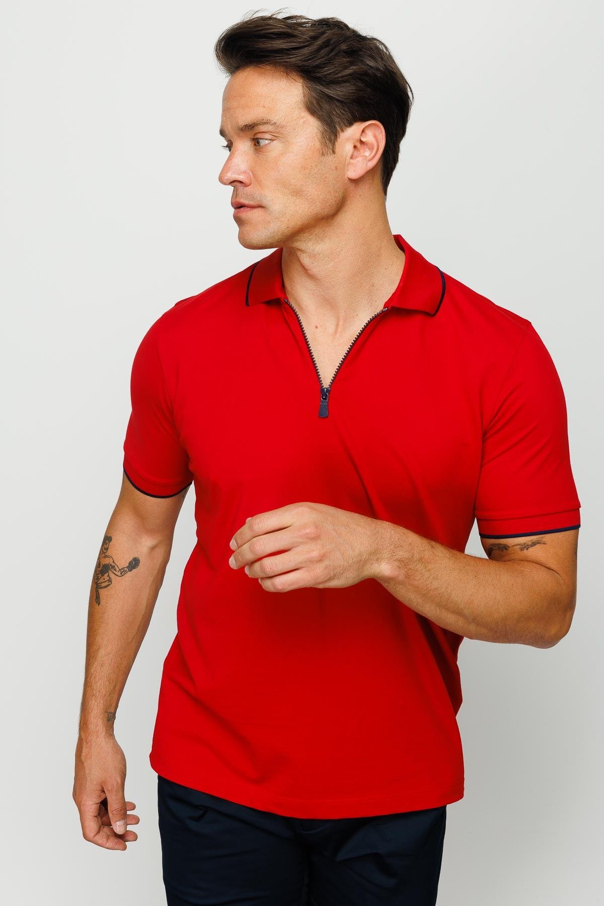 210Erkek Fermuarlı Polo Yaka T-shirt Kırmızı