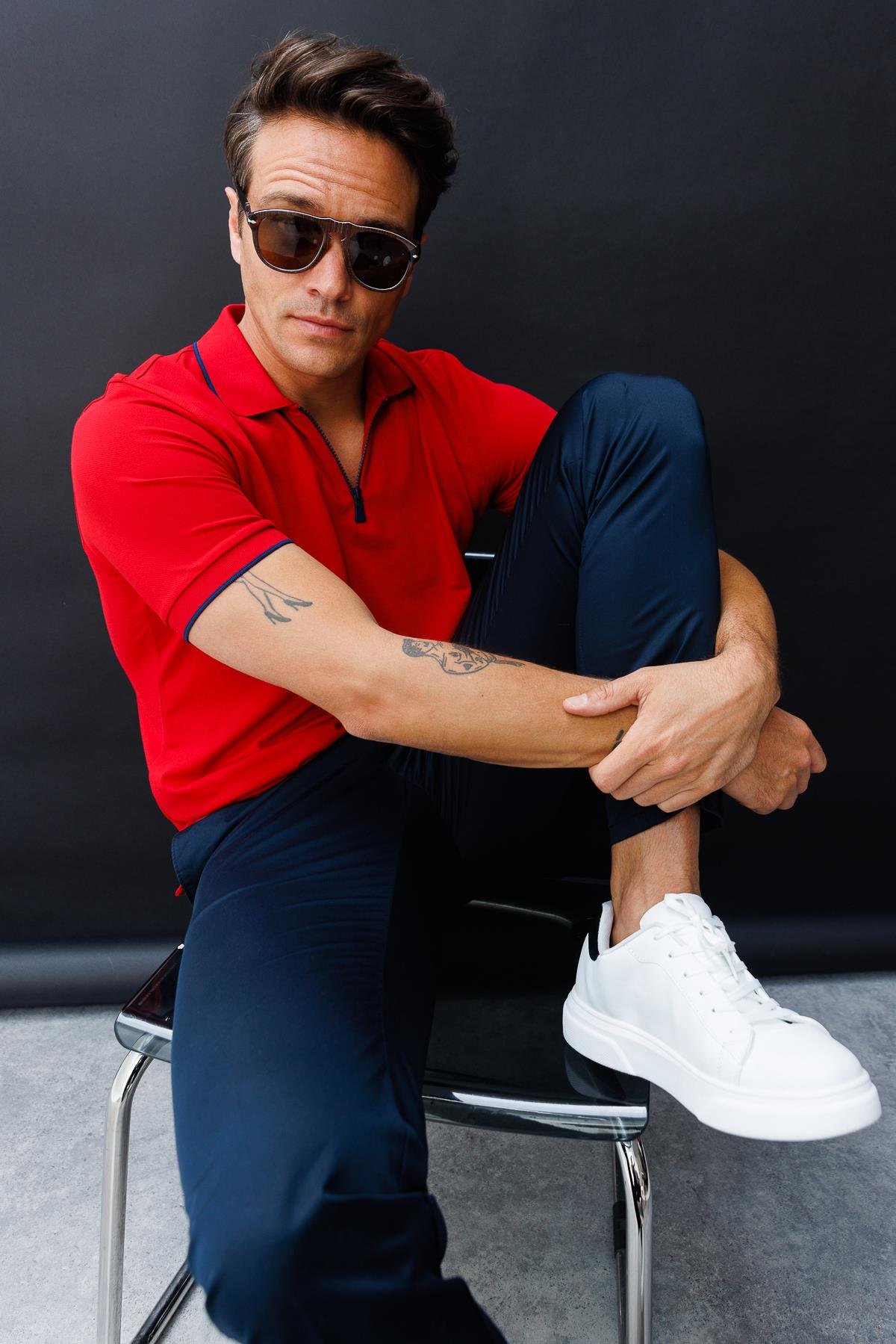 210Erkek Fermuarlı Polo Yaka T-shirt Kırmızı