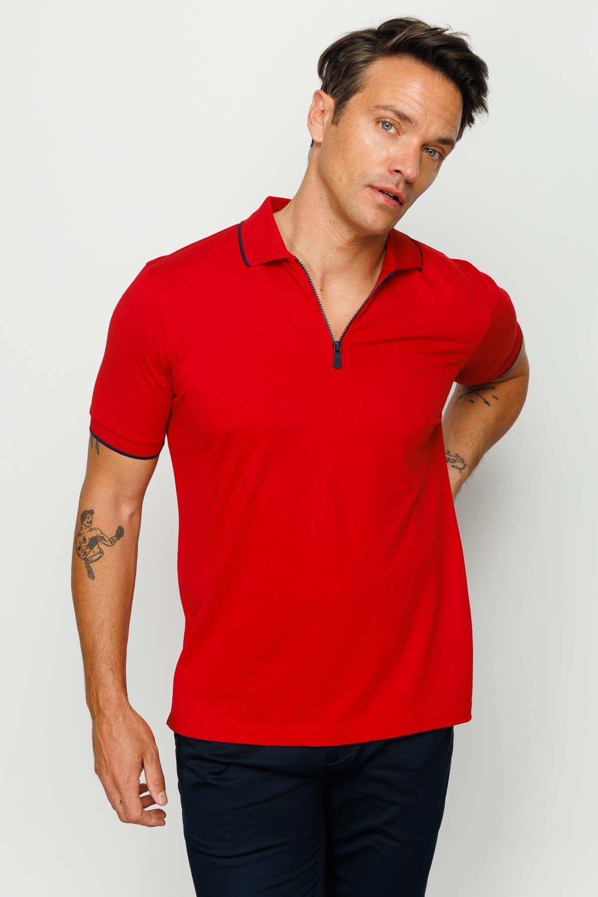 210Erkek Fermuarlı Polo Yaka T-shirt Kırmızı