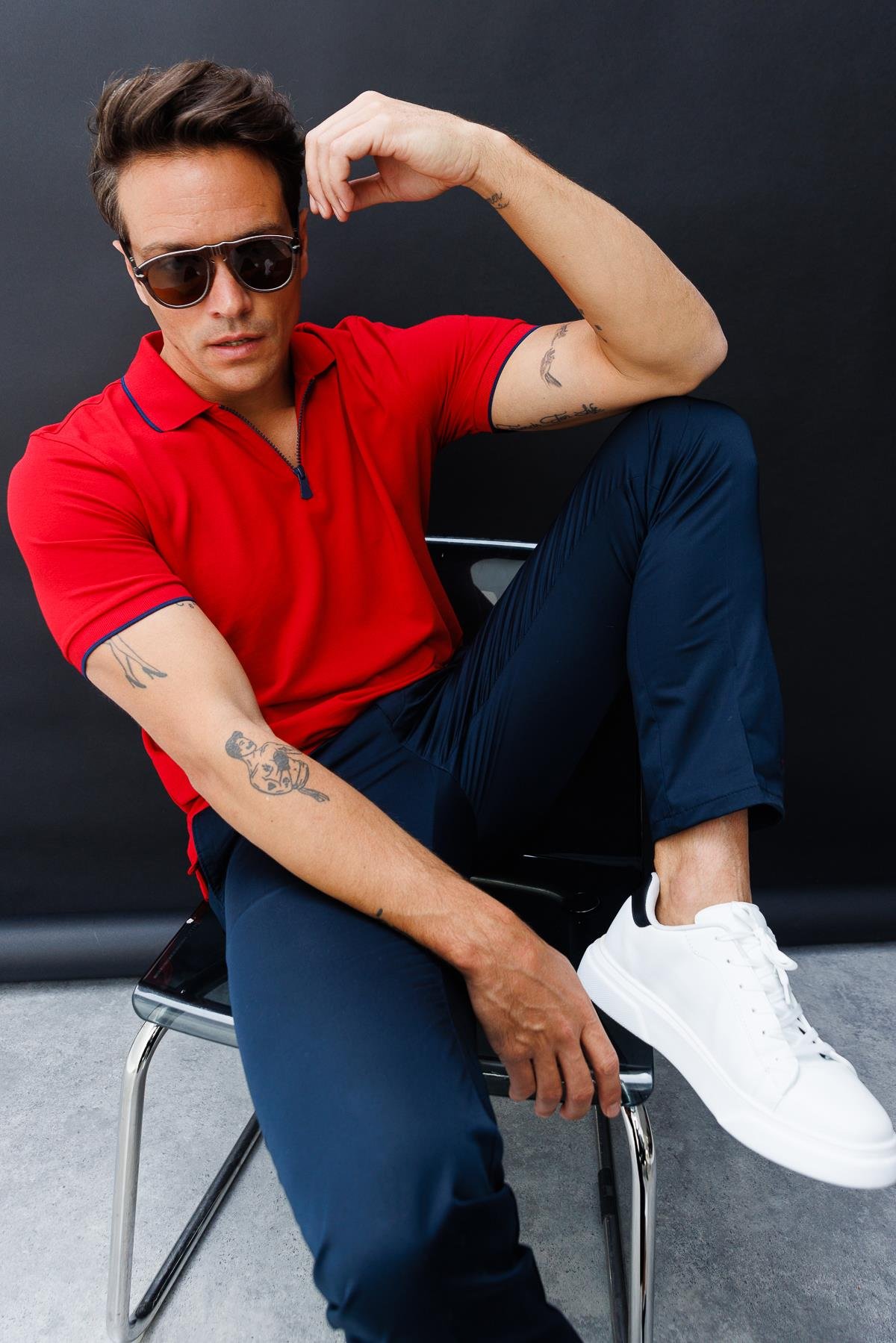 210Erkek Fermuarlı Polo Yaka T-shirt Kırmızı