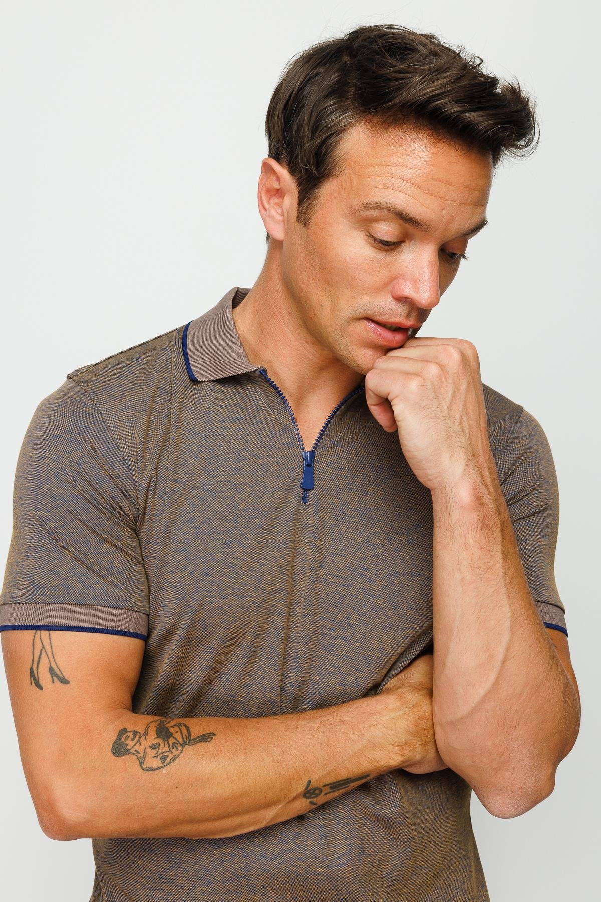 210Erkek Fermuarlı Polo Yaka T-shirt S.Kahve