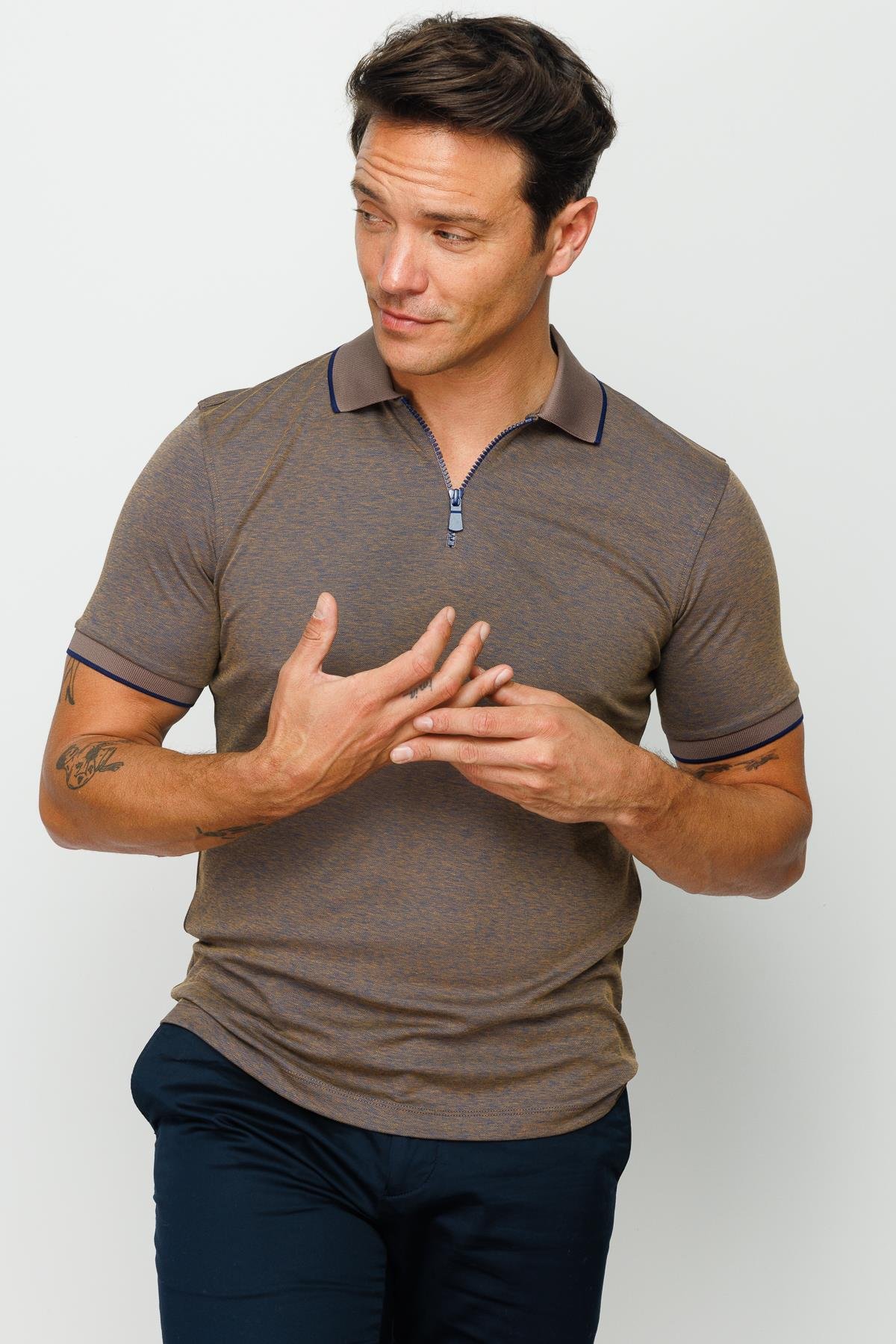 210Erkek Fermuarlı Polo Yaka T-shirt S.Kahve