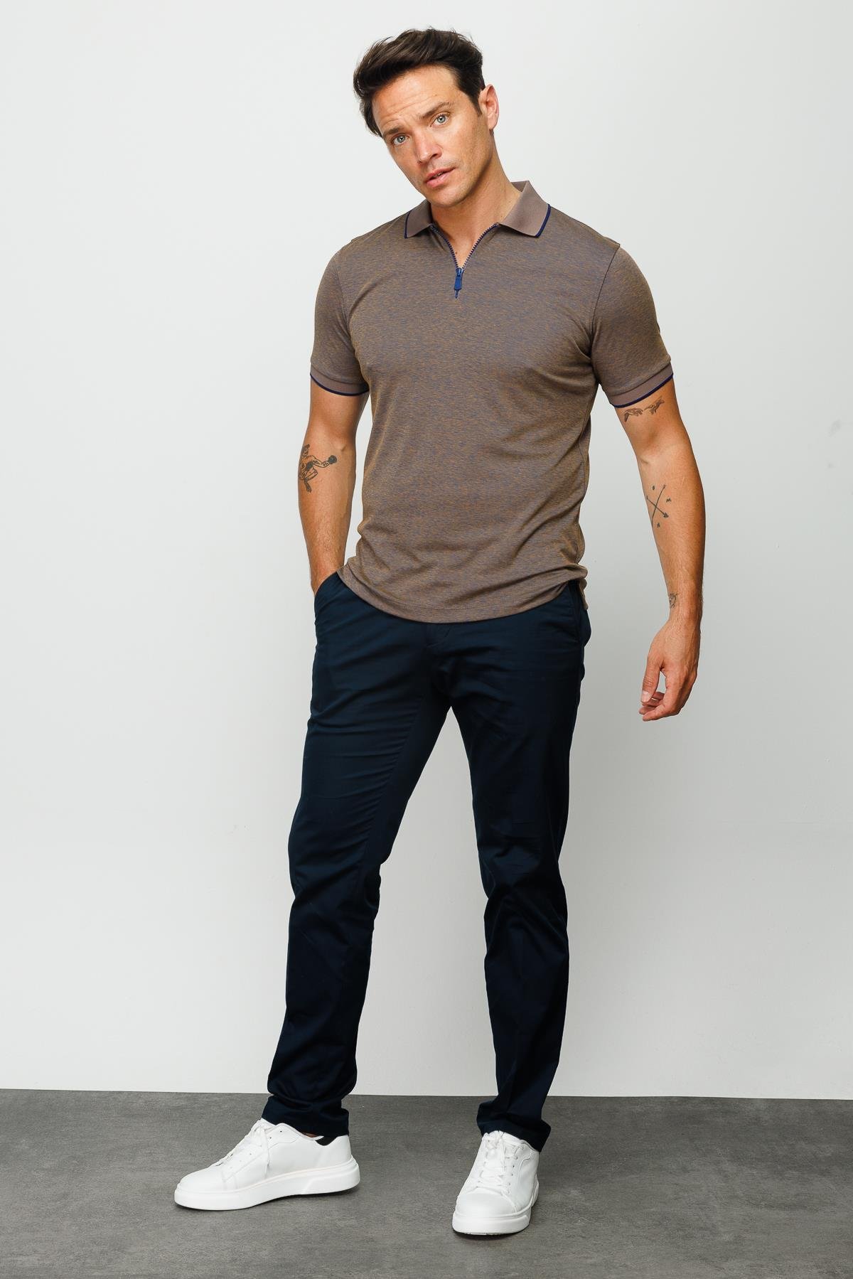 210Erkek Fermuarlı Polo Yaka T-shirt S.Kahve